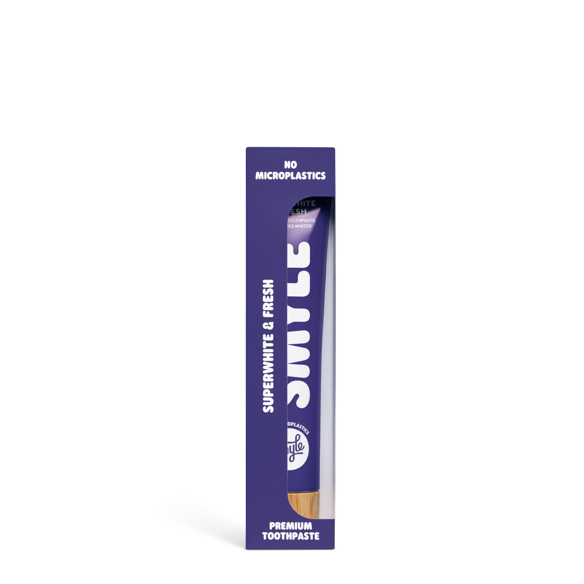 Zahnpasta-Tube in lila Verpackung. Aufschrift: SMYLE, Superwhite & Fresh, Premium Toothpaste. Ohne Mikroplastik.