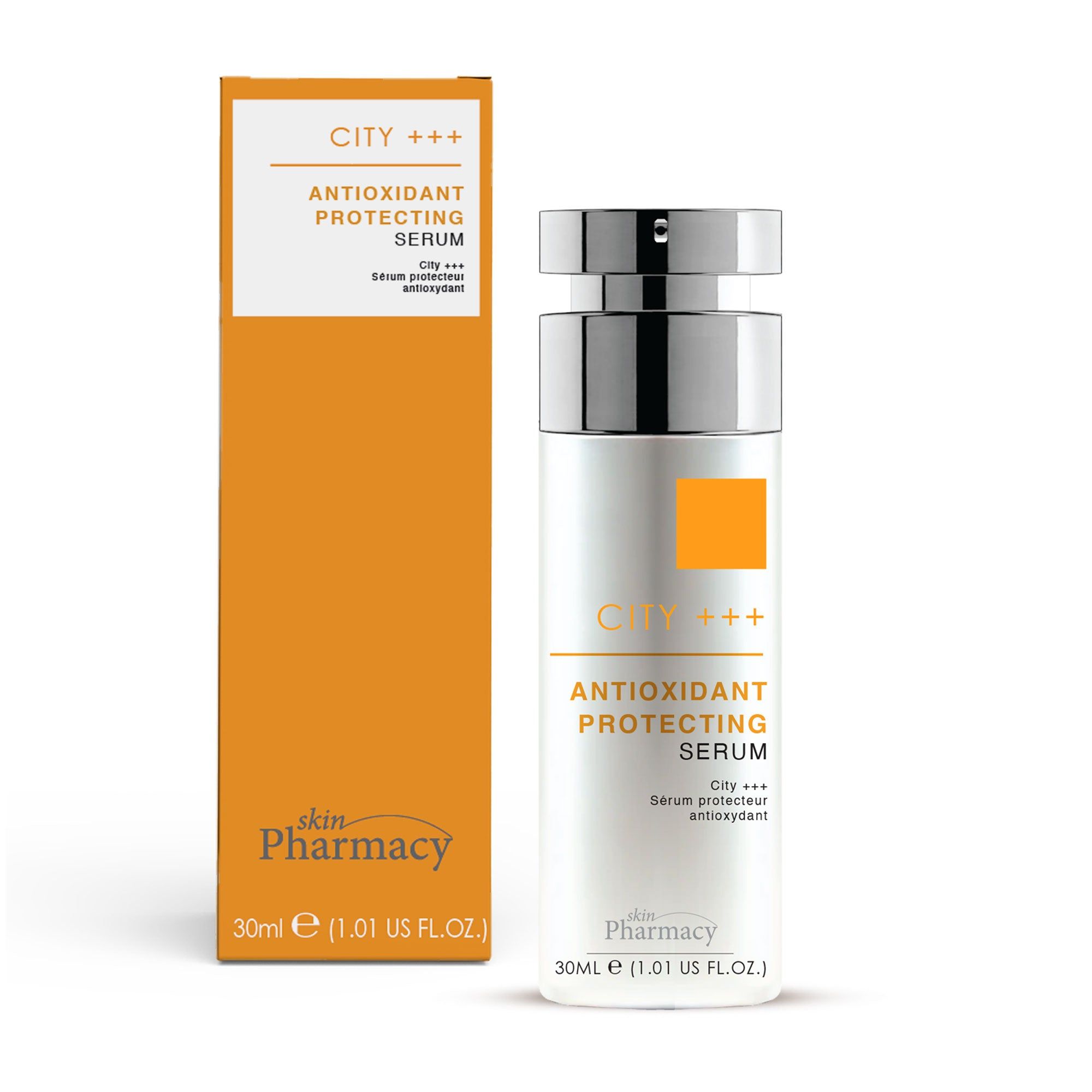 Serum und Verpackung. Serum: weiß, silberner Verschluss, orangefarbenes Quadrat. Verpackung: orange. Schriftzug: CITY +++, skinPharmacy.