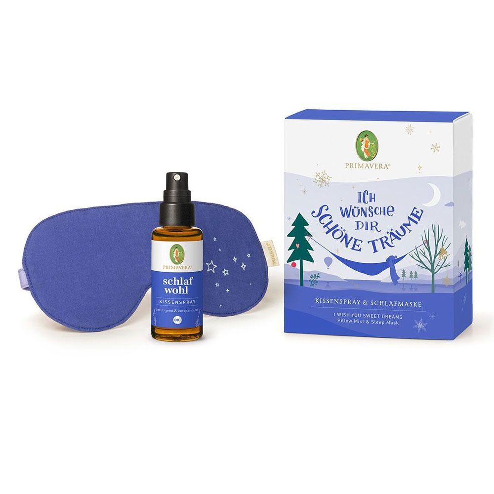 Set mit Kissenspray, Schlafmaske und Verpackung. Blaue Schlafmaske, braune Sprühflasche, Verpackung mit Text.