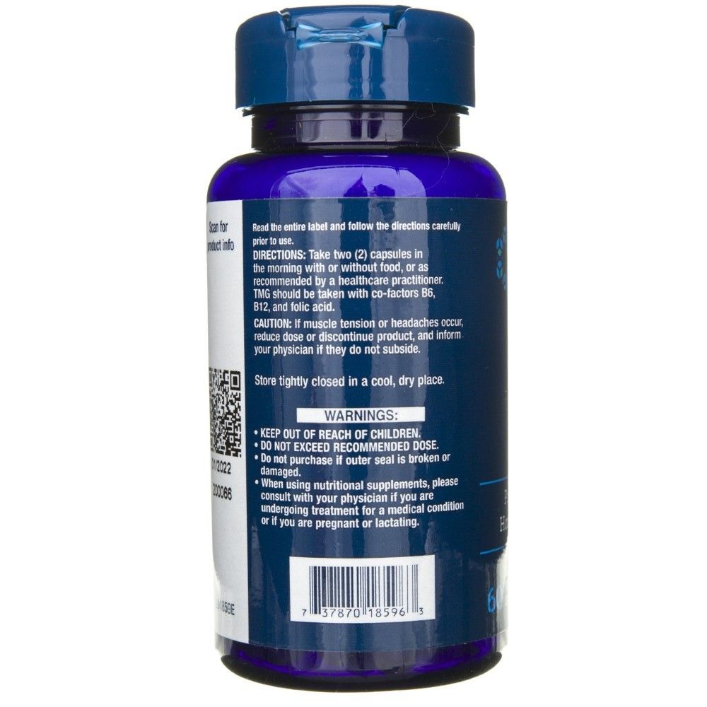 Life Extension TMG 500 mg, Rückseite mit Anwendungshinweisen und Warnungen.