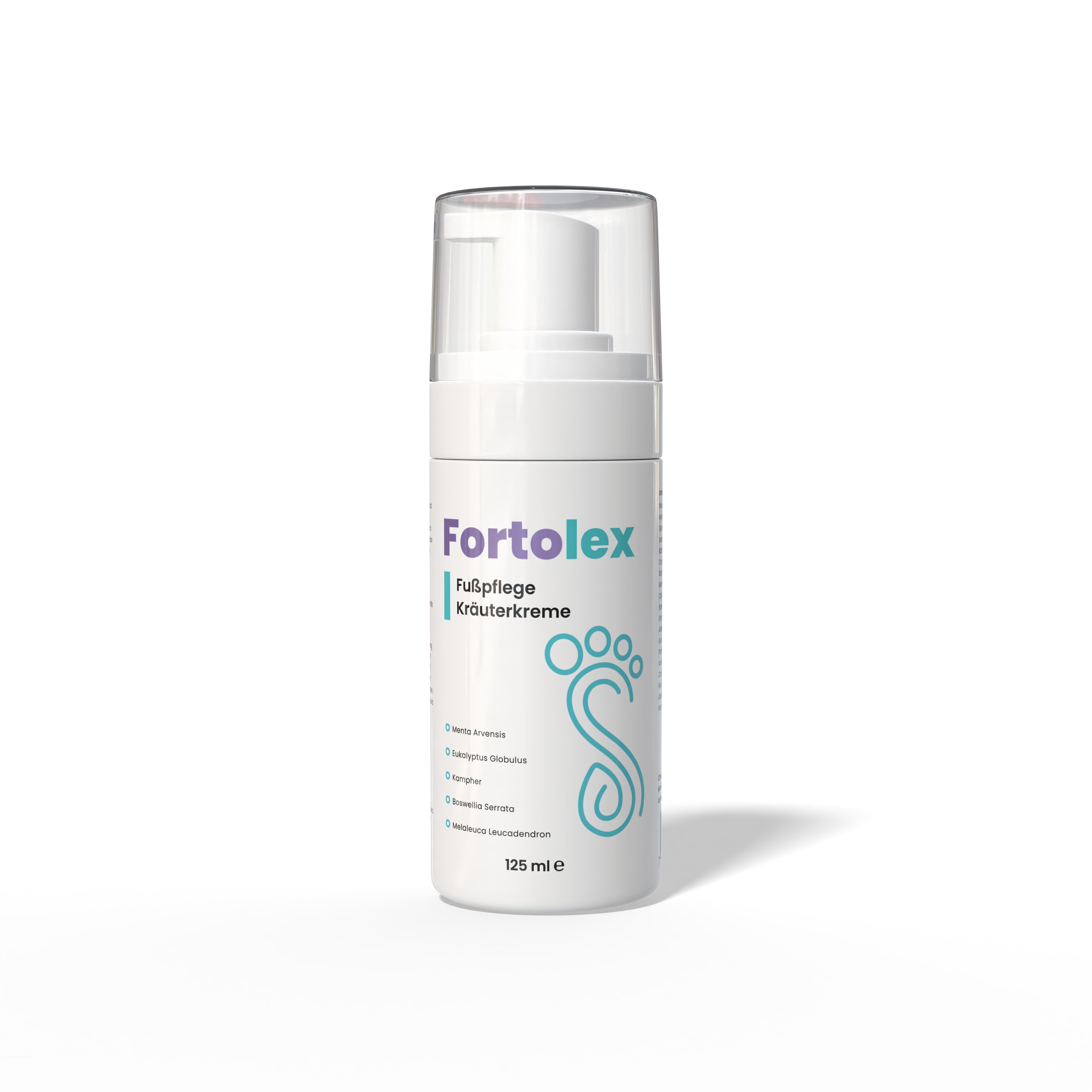Weiße Flasche mit Pumpverschluss. Aufschrift: Fortolex Fußpflege Kräutercreme. Fußabdruck-Logo. 125 ml.