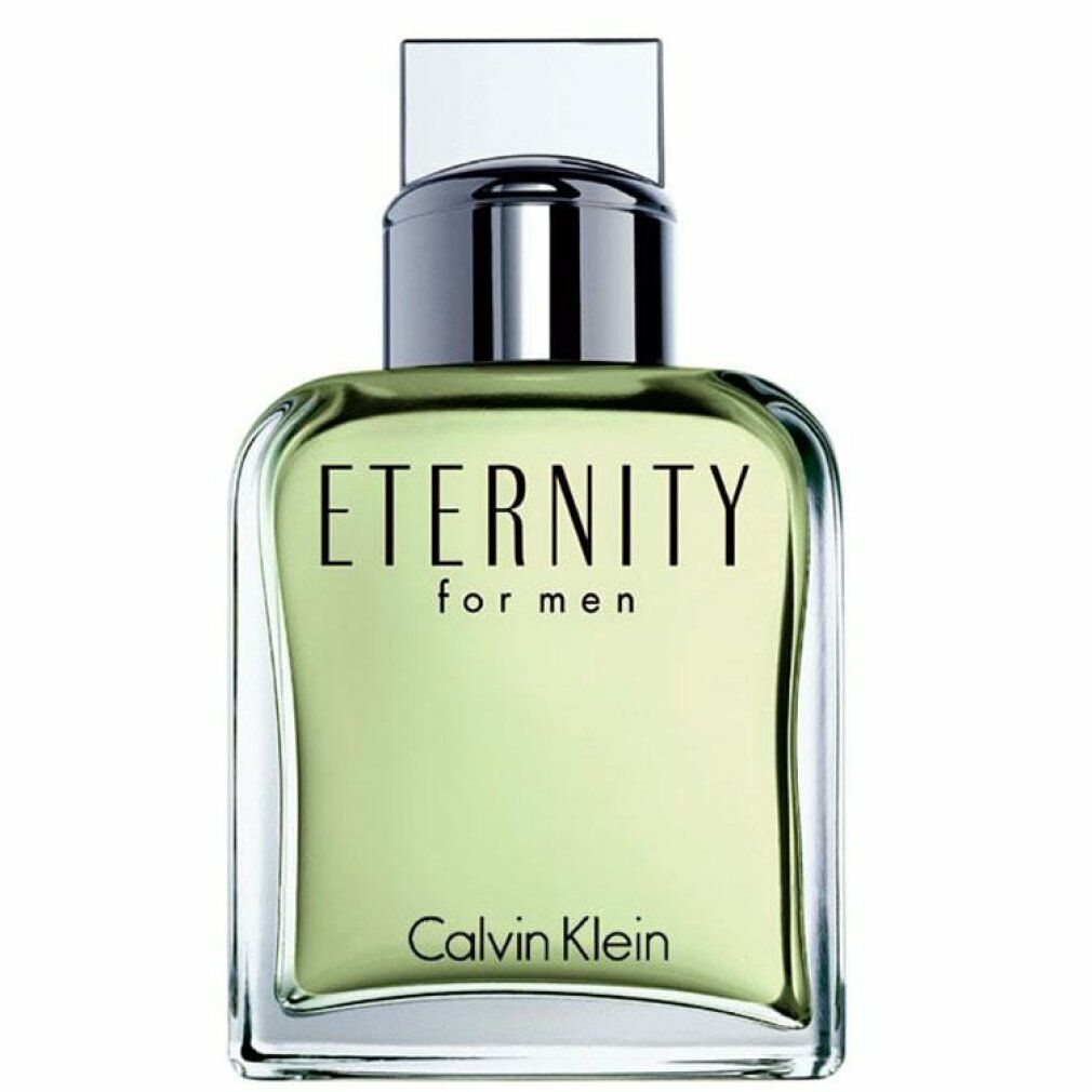 Glasflakon mit silbernem Verschluss. "Eternity for men" und "Calvin Klein" Schriftzug. Grüne Flüssigkeit sichtbar.