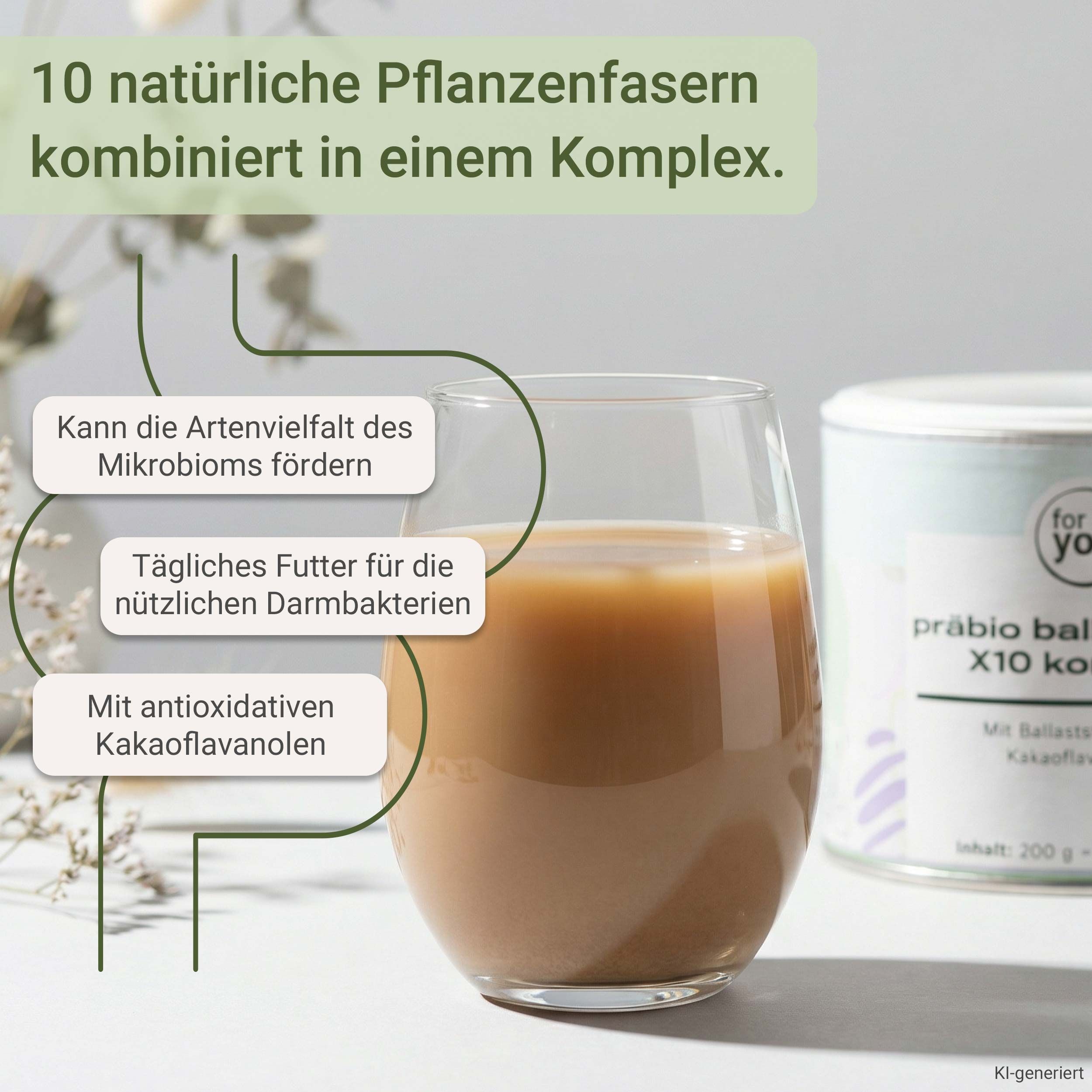 Glas mit braunem Getränk neben einer Dose mit Pulver. Text hebt 10 Pflanzenfasern, Mikrobiom-Förderung und Kakao hervor.