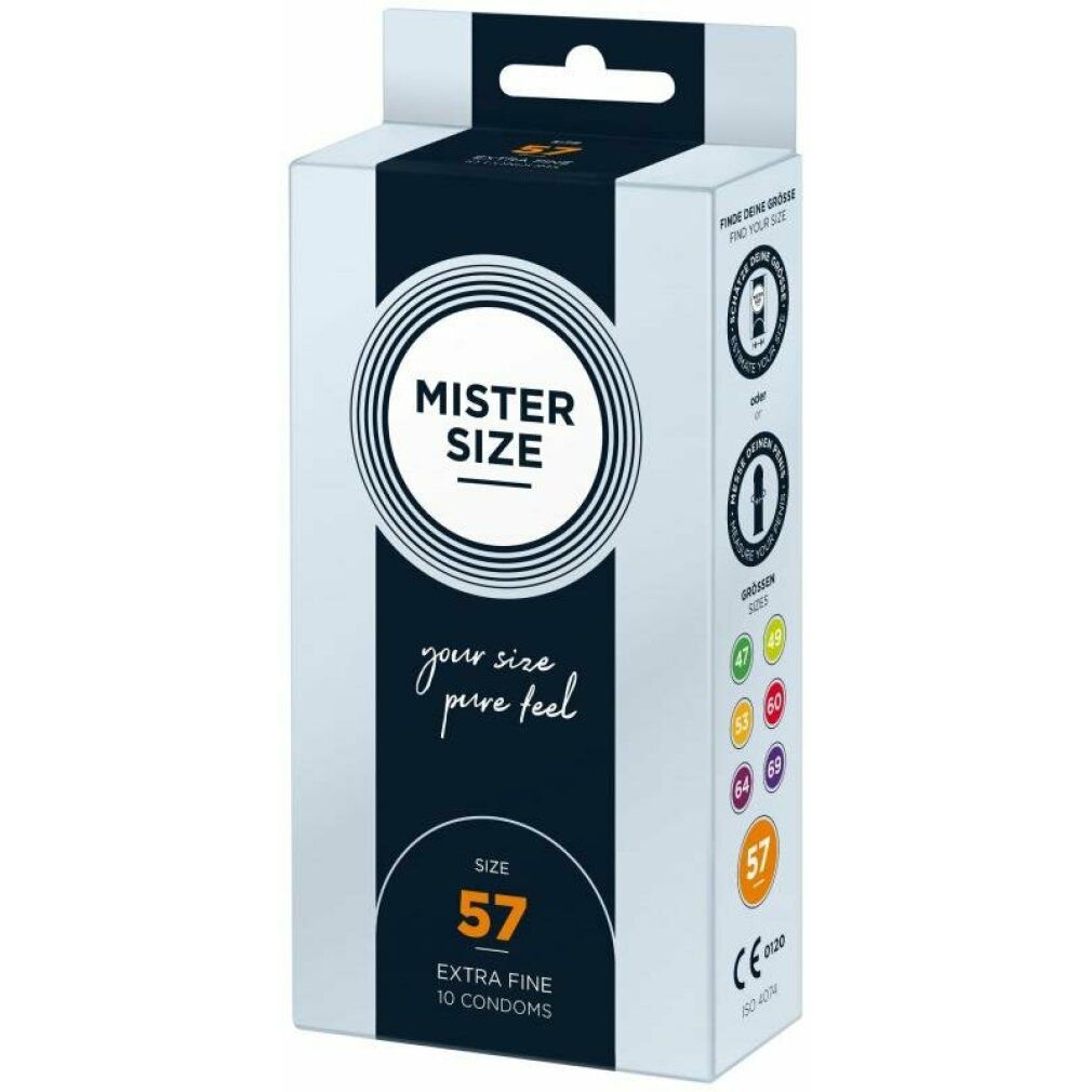 MISTER SIZE 57 Kondomverpackung. Extra Fine. 10 Stück. Schwarze und weiße Verpackung mit Logo und Produktinformationen.