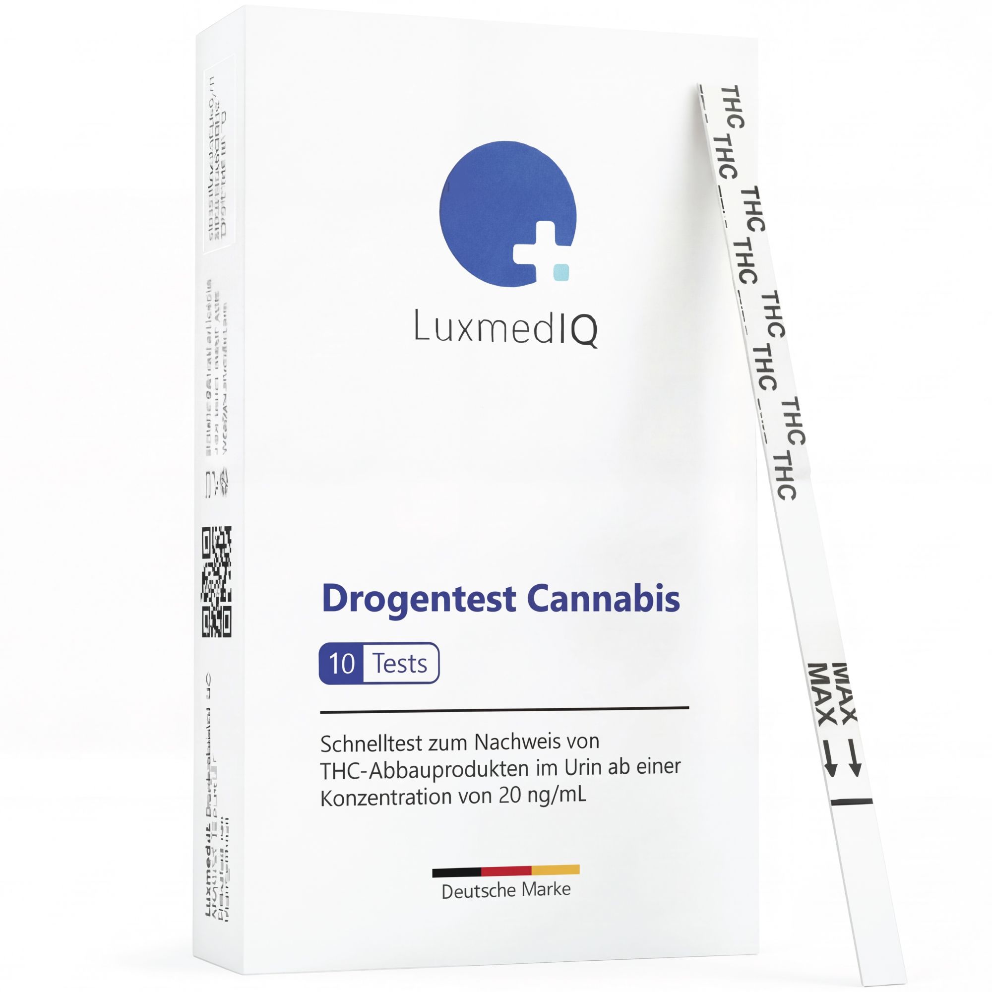 Weiße Box mit Logo und Text: Drogenschnelltest Cannabis, 10 Tests. Teststreifen daneben. Deutsche Marke.