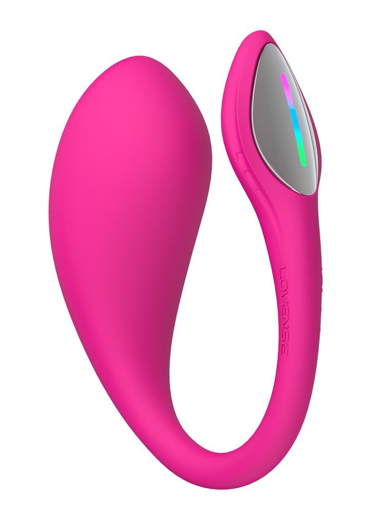 Rosa Vibrator, gebogene Form, farbiges Licht an der Spitze. LOVENSE-Logo.