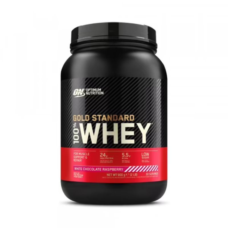 Schwarze Dose mit "OPTIMUM NUTRITION" und "GOLD STANDARD 100% WHEY" Aufschrift. Roter Streifen mit Produktnamen und Nährwertangaben.