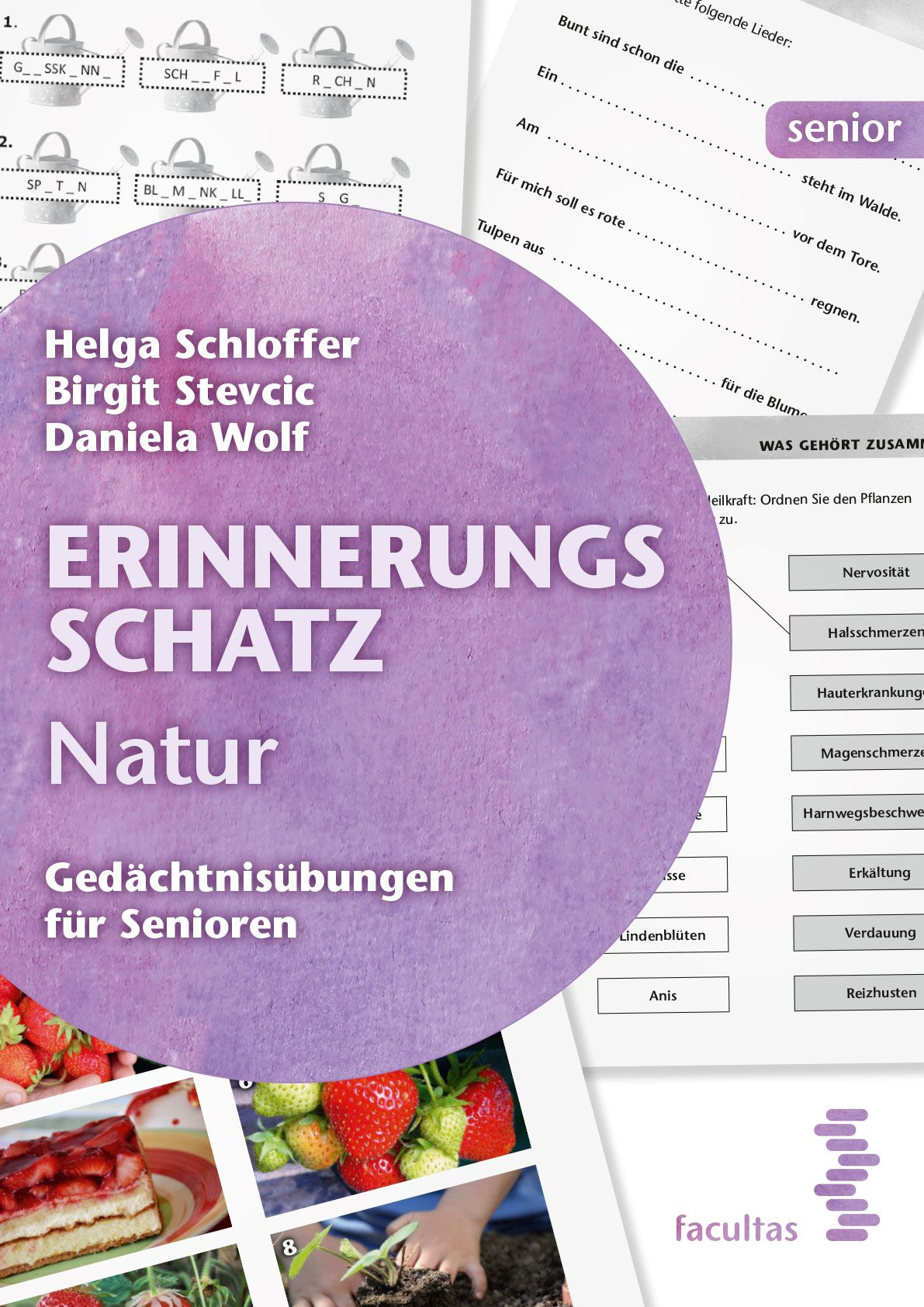 Buchcover mit Titel „Erinnerungsschatz Natur“. Autoren: Helga Schloffer, Birgit Stevcic, Daniela Wolf. Gedächtnisübungen für Senioren. Facetas Logo.