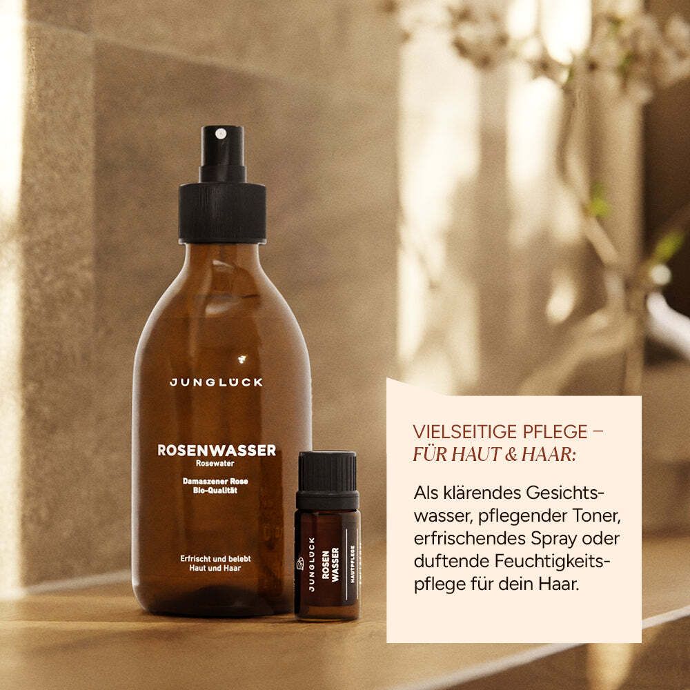JUNGLÜCK Rosenwasser Spray - 100% Bio, schenkt erfrischenden Duft und klärt porentief