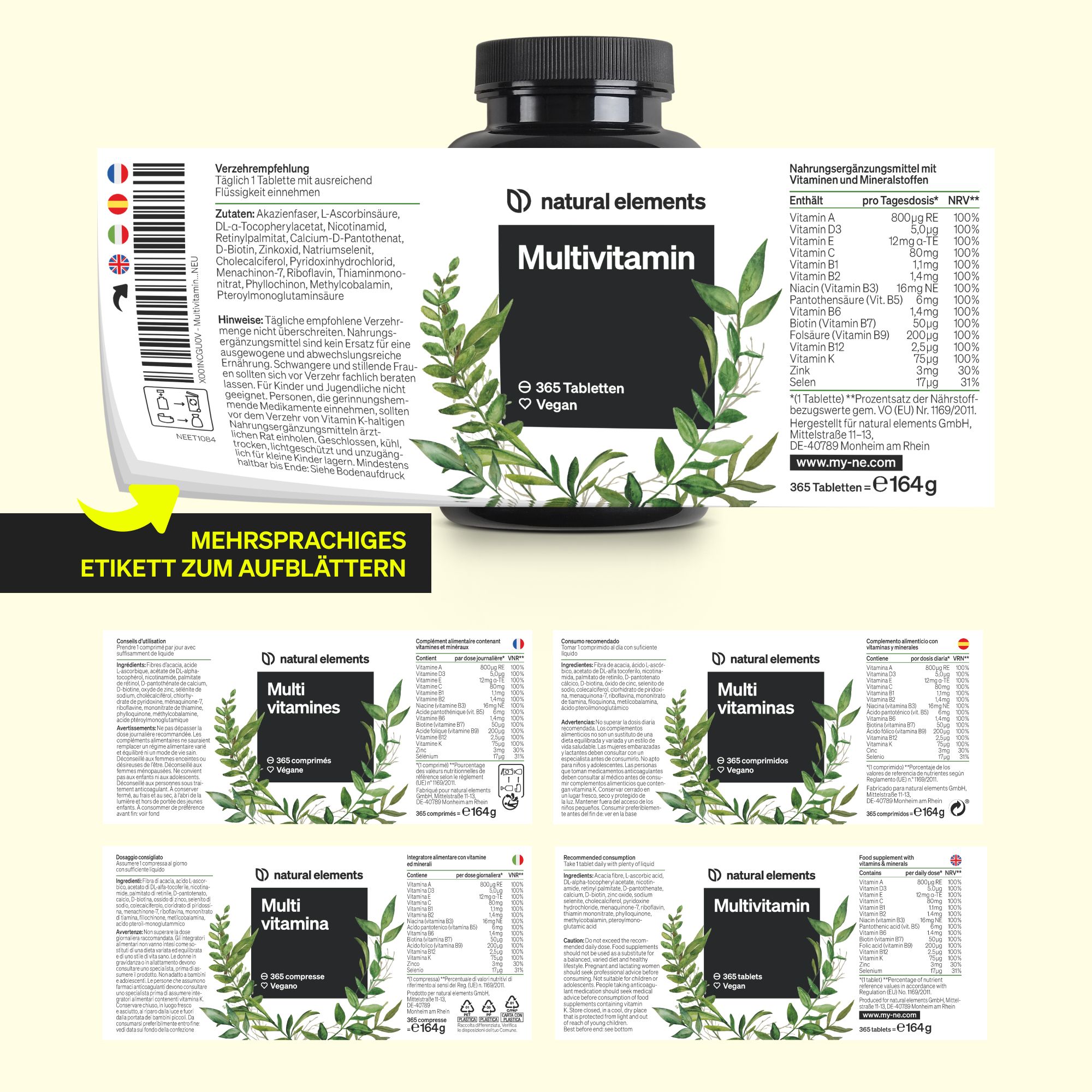 natural elements Multivitamin – 365 Tabletten Jahresvorrat – Vitamine A-Z, mit Vitamin K1 und K2