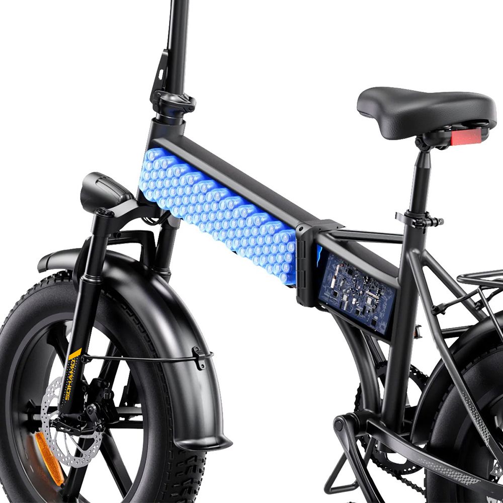 Detailansicht des E-Bikes. Batteriegehäuse mit blauer Beleuchtung. Schwarze Farbe.