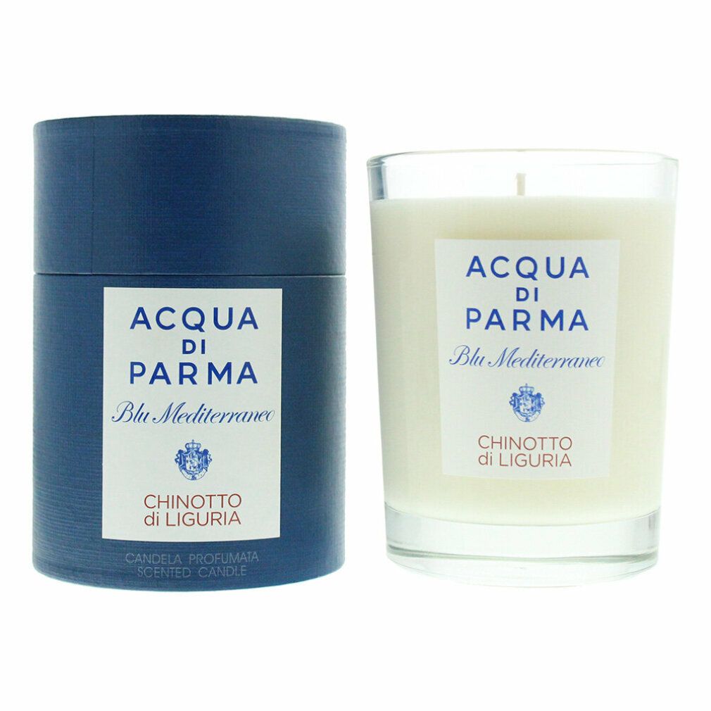 Kerze in Glas mit blauer Verpackung. Aufschrift: Acqua di Parma Blu Mediterraneo Chinotto di Liguria.