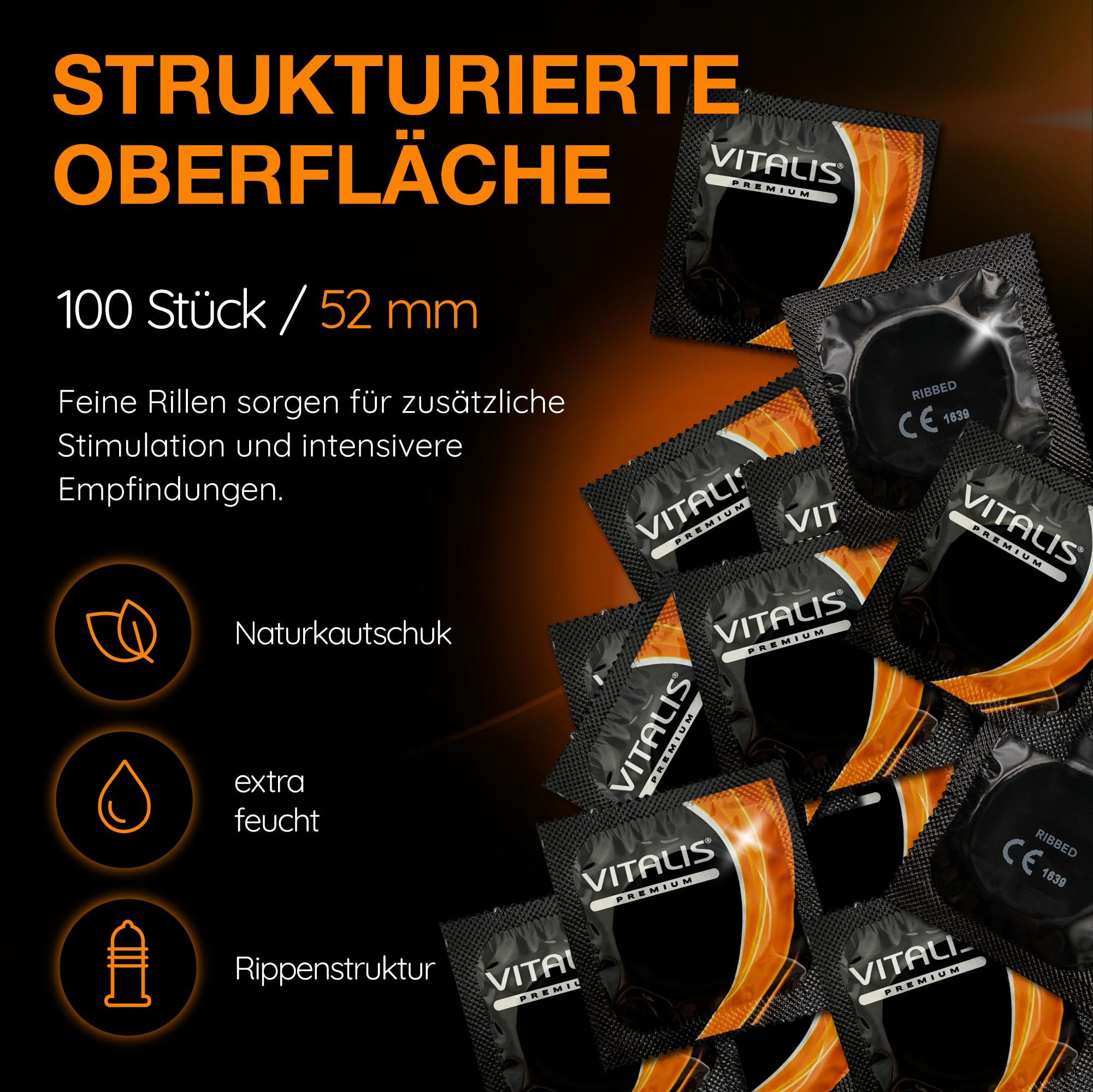 Vitalis Kondome: 100 Stück, 52 mm Nennbreite, gerippte Struktur, Naturkautschuk, extra feucht.