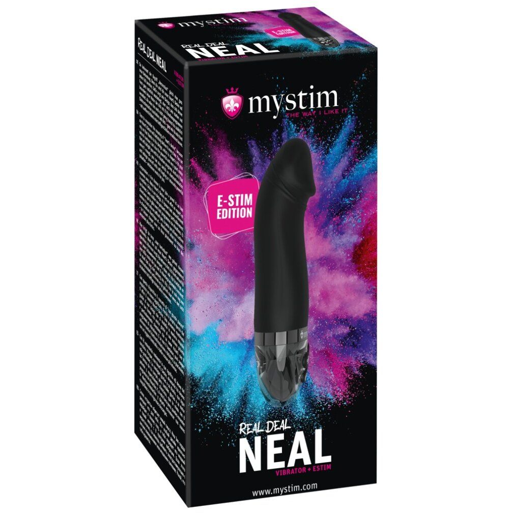 Verpackung für Mystim Real Deal Neal eStim Vibrator. Schwarze Box mit Produktabbildung und Text.