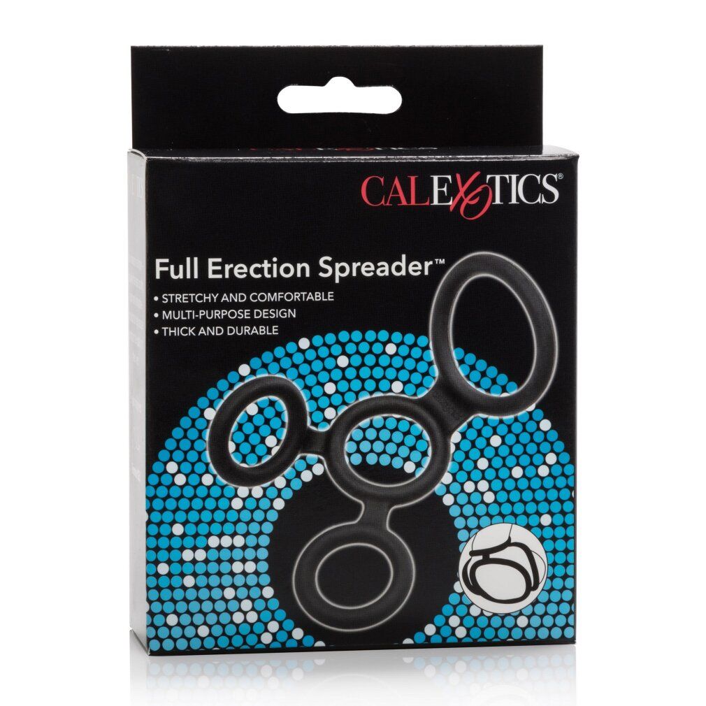 Verpackung für einen schwarzen Erektionsspreizer mit vier Ringen.
