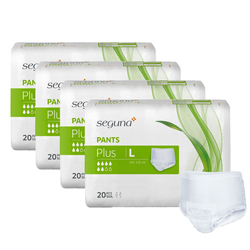 Verpackung von SEGUNA Pants Plus L. 4 Packungen und ein einzelnes Produkt. 20 Stück pro Packung.