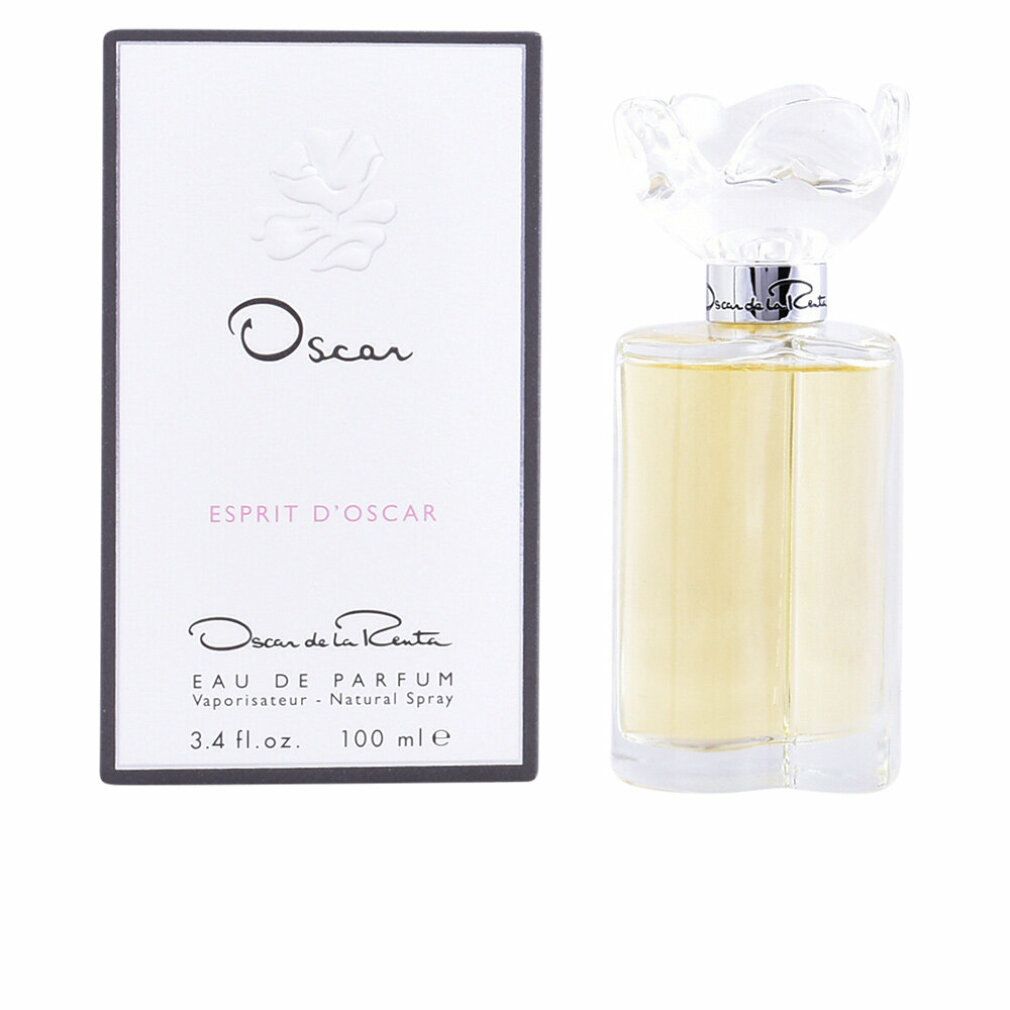 Parfümflasche und Schachtel. Flasche mit blütenförmigem Verschluss. Aufschrift: Oscar, Esprit d'Oscar, Eau de Parfum.