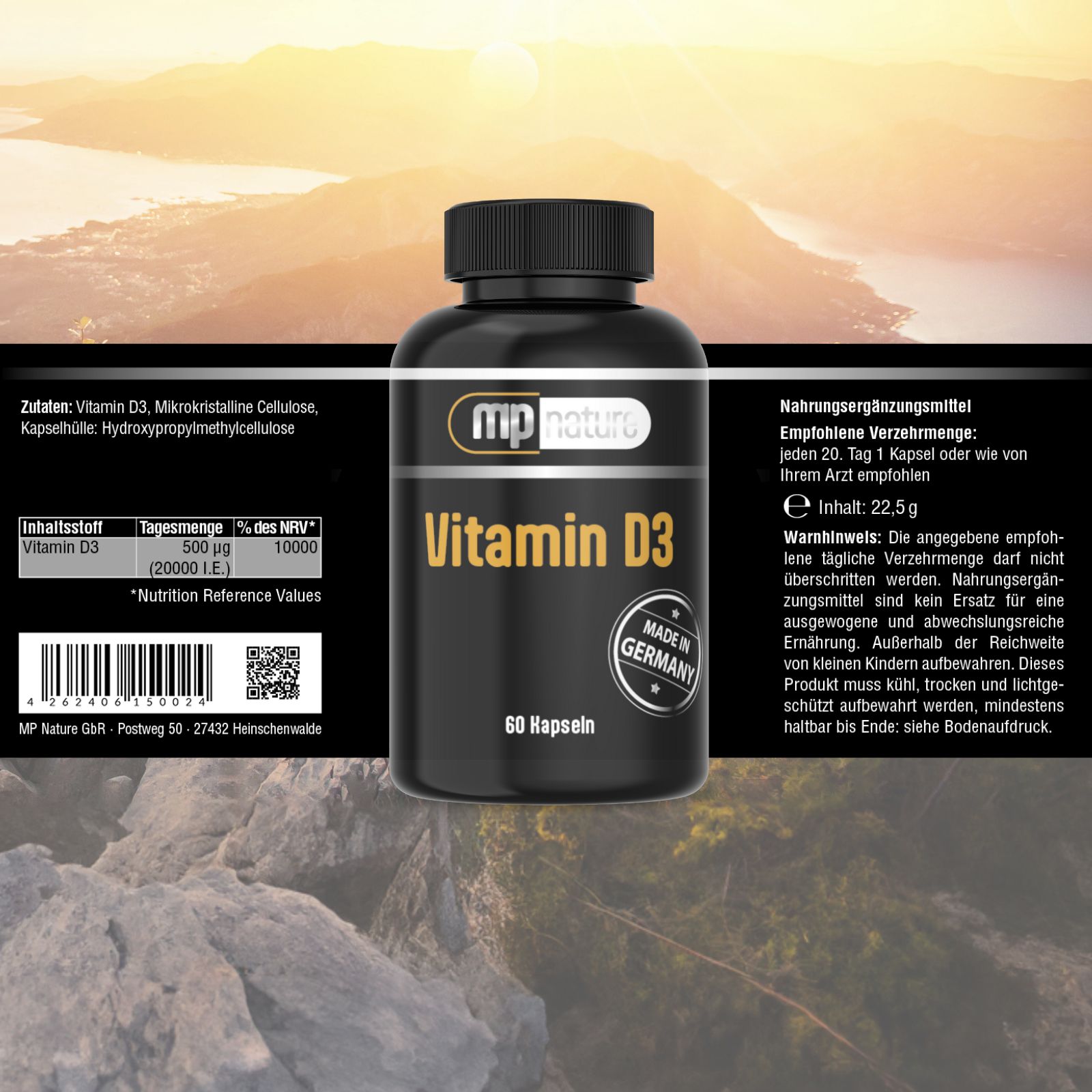 Schwarze Flasche mit schwarzem Deckel. Aufschrift: MP Nature Vitamin D3, 60 Kapseln. Siegel: Made in Germany. Text auf Verpackung.
