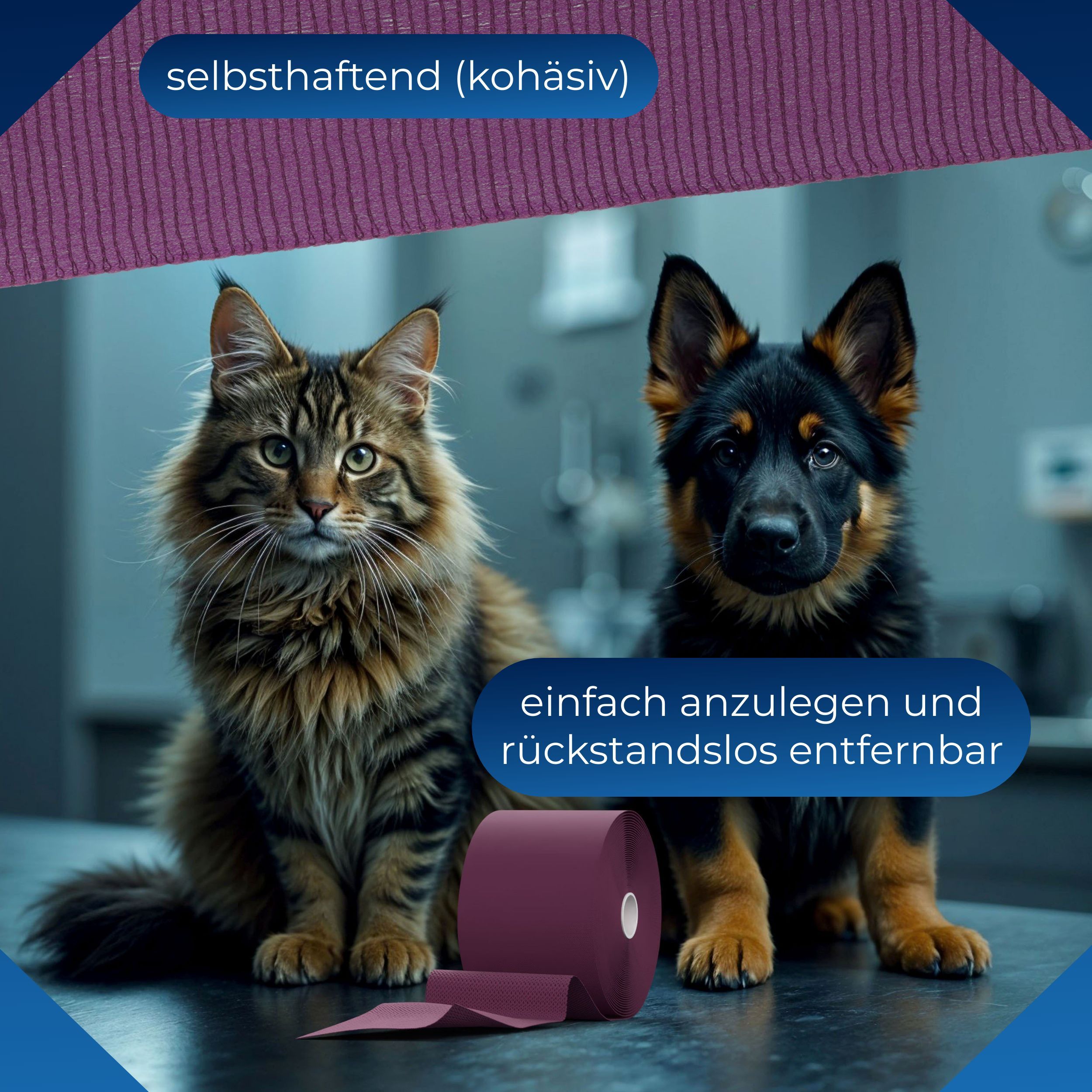 Violette, kohäsive Fixierbinde neben Katze und Hund. Text: selbsthaftend (kohäsiv), einfach anzulegen und rückstandslos entfernbar.