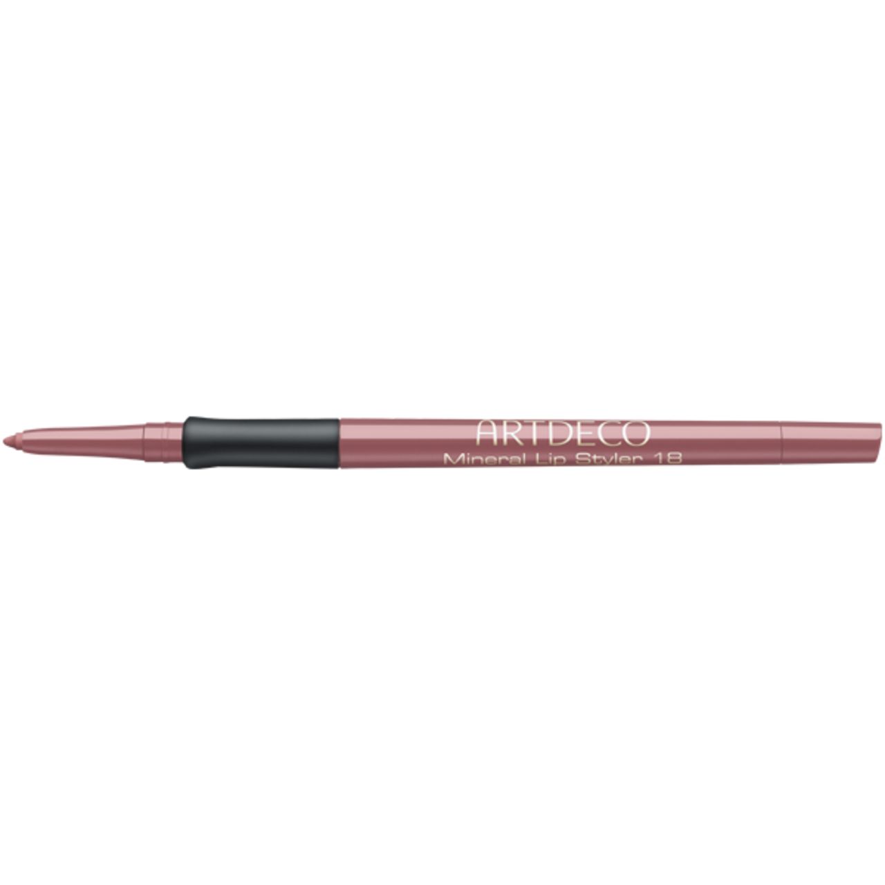 Artdeco Mineral Lip Styler. Rosa Lipliner mit schwarzem Mittelteil. Aufschrift 'Mineral Lip Styler 18'.