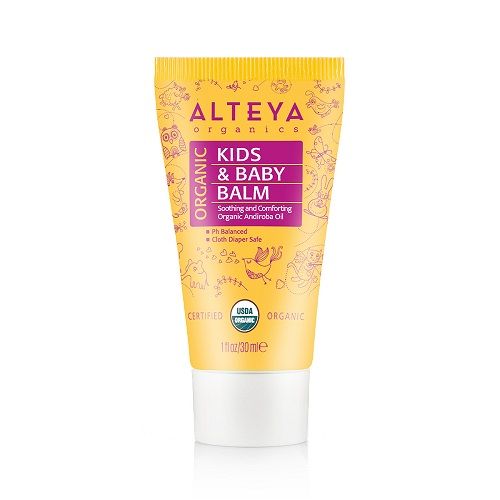 Gelbe Tube mit Aufschrift 'ALTEYA Organics KIDS & BABY BALM'. Enthält USDA Organic Zertifizierung. 30 ml.