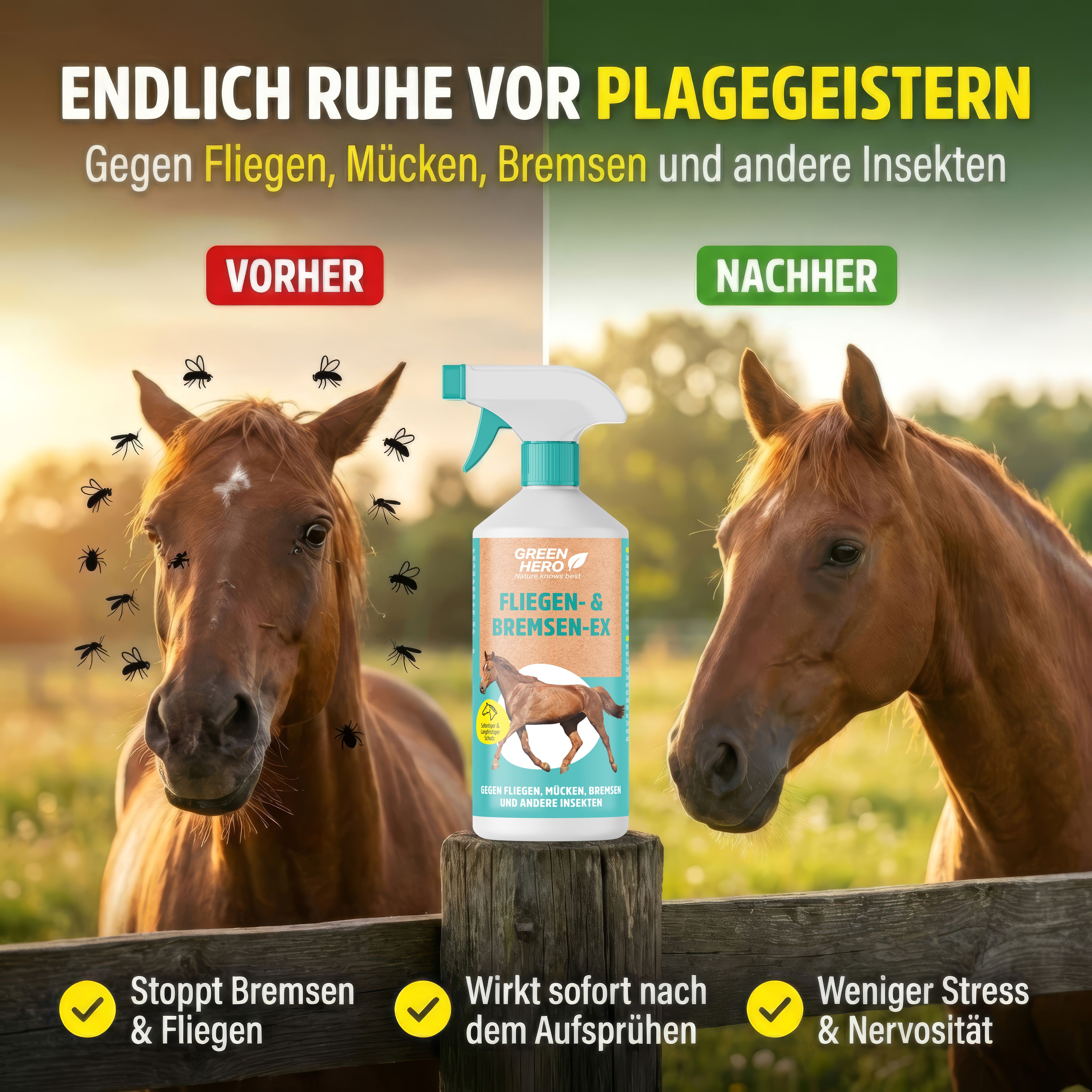 Pferdespray-Flasche neben Pferden. Links: Pferd mit Fliegen. Rechts: Pferd ohne Fliegen. Text: Stoppt Bremsen & Fliegen, wirkt sofort.