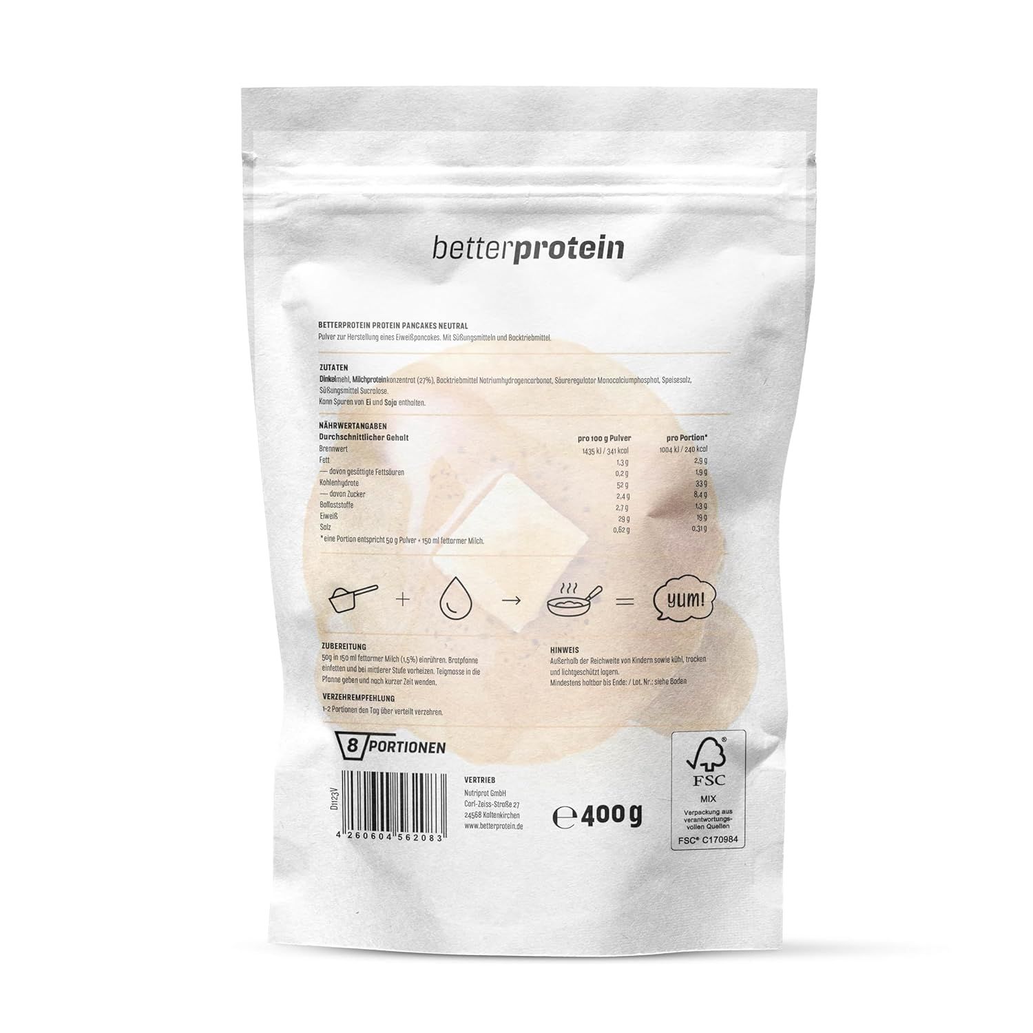Rückseite der Protein Pancake Mix Verpackung. Enthält Nährwertangaben, Zubereitungshinweise und FSC-Zertifizierung.