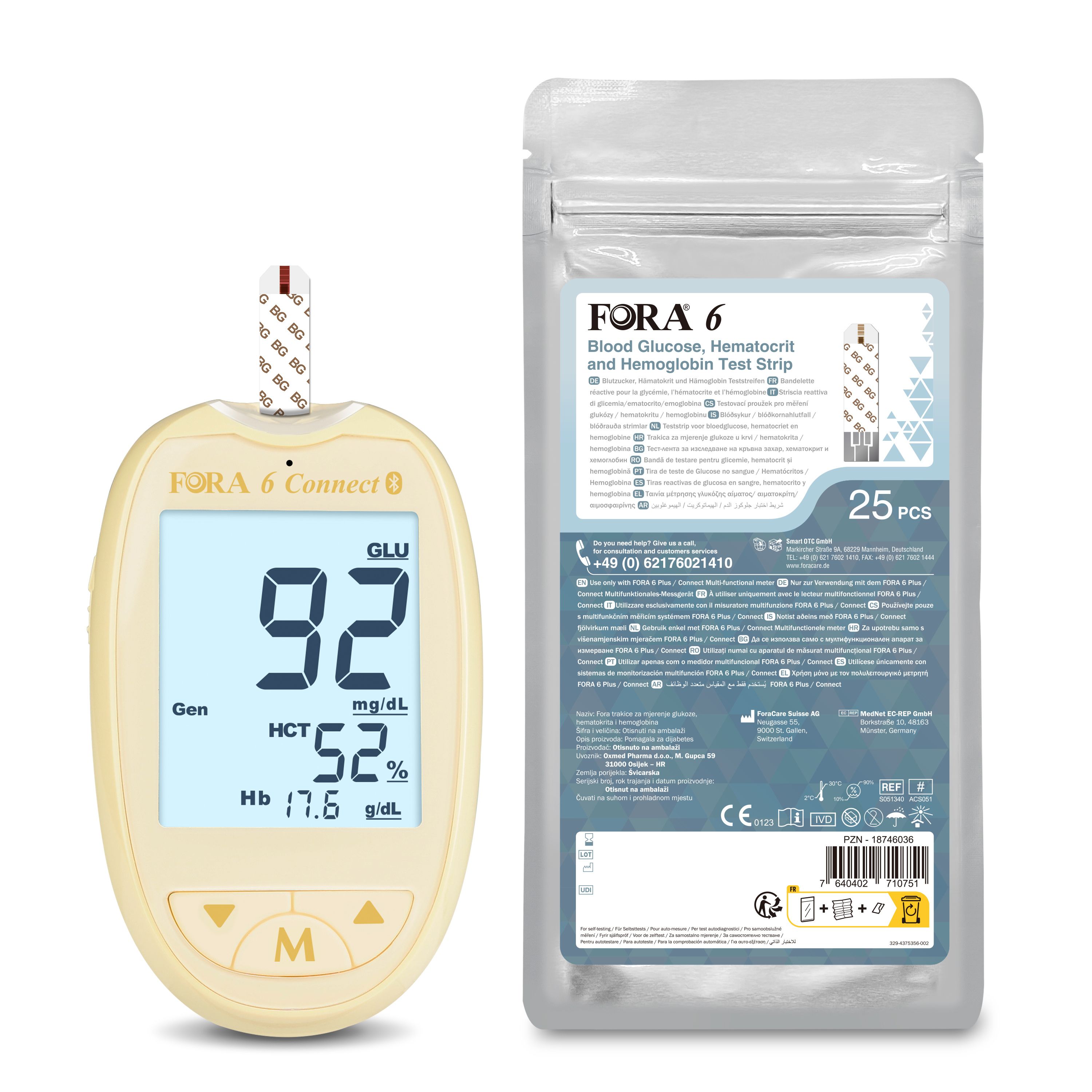 Blutzuckermessgerät mit Display. Zeigt '92', 'HCT 52%', 'Hb 17.6 g/dL' an. Packung Teststreifen daneben. Text: 'FORA 6'.