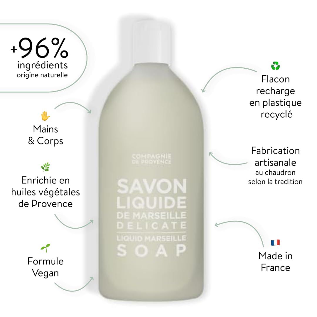 Flasche mit Text. Text: Compagnie de Provence, Savon Liquide de Marseille Delicate. Vegan, +96% natürliche Inhaltsstoffe.