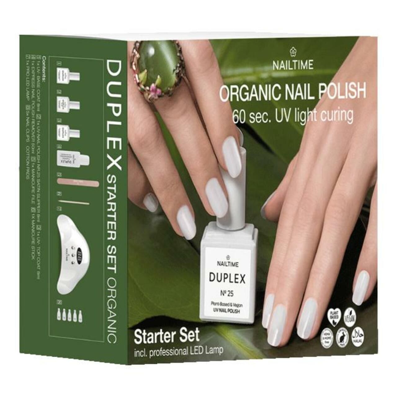 Nailtime Starter Set Organic. Box mit Nagellack, LED-Lampe und Zubehör. Hände mit lackierten Nägeln. Vegan-Siegel.