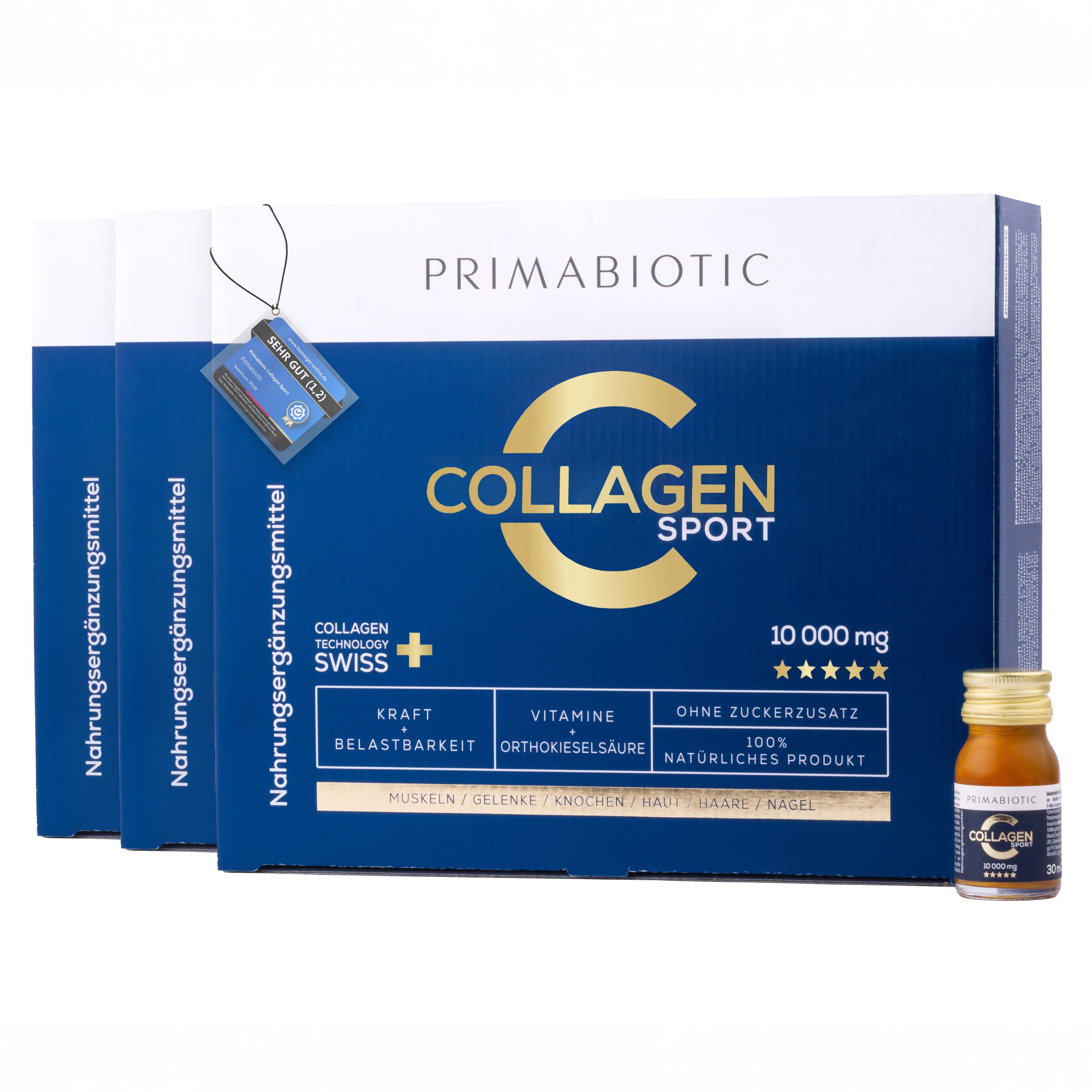 Drei Kartons Primabiotic Collagen Sport. Blaue Verpackung mit Produktinformationen und einer Flasche.