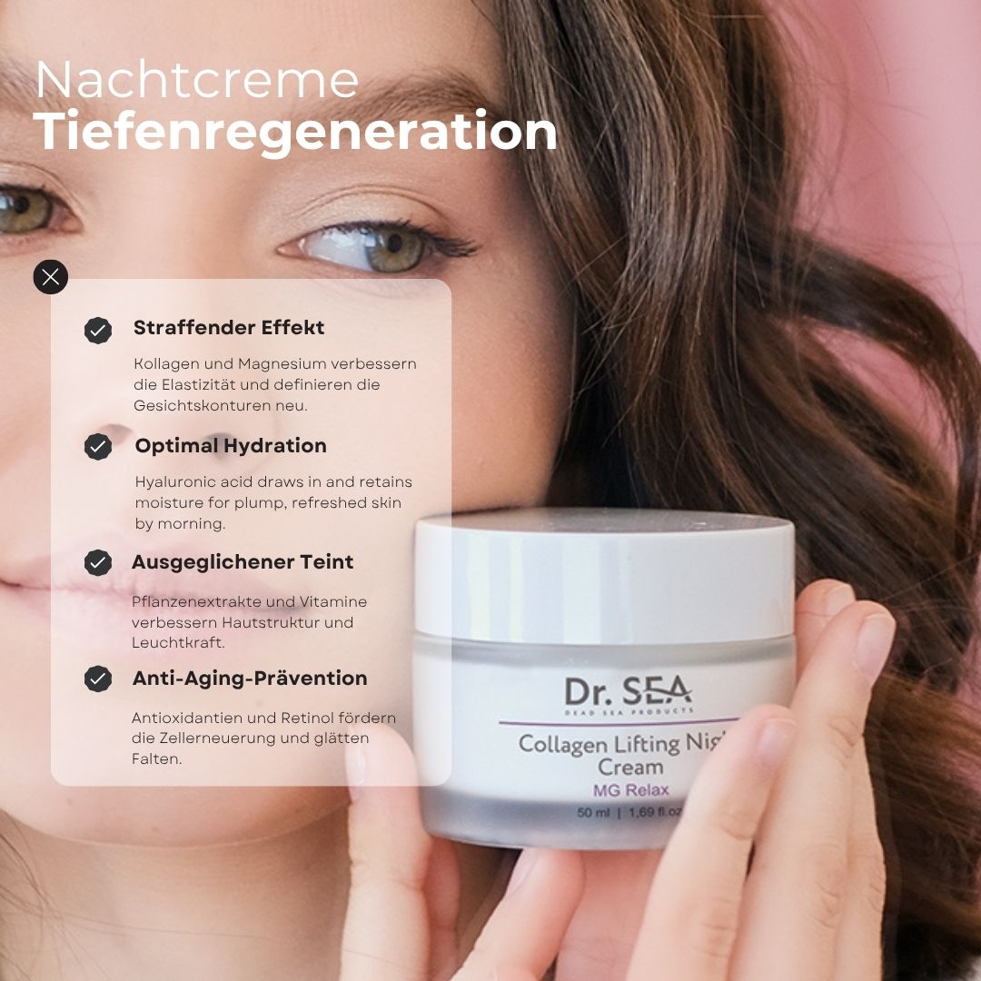 Frau mit Creme-Tiegel. Text: Straffender Effekt, Optimale Hydration, Ausgeglichener Teint, Anti-Aging-Prävention. Dr. Sea Collagen Night Cream.