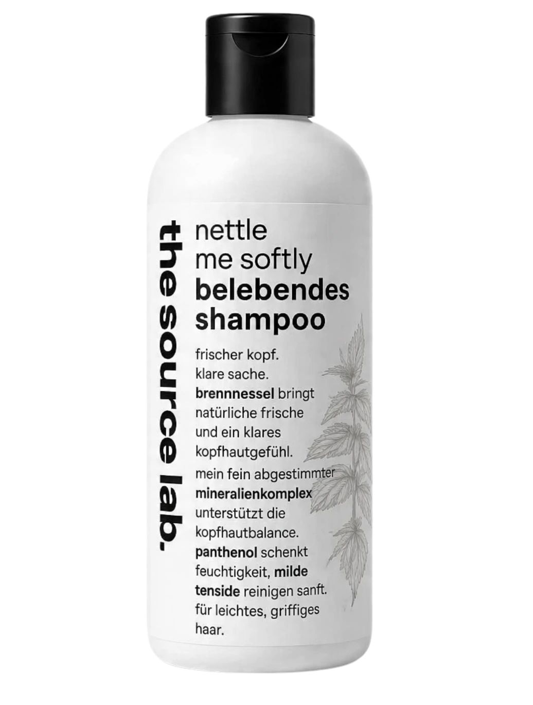 Flasche Nettle Me Softly belebendes Shampoo von The Source Lab mit Brennnessel-Motiv.