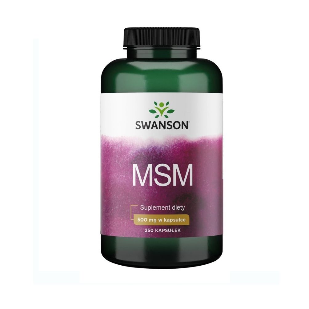 Grüne Flasche mit schwarzem Deckel. Aufschrift: SWANSON, MSM. Etikett mit lila Farbverlauf. Text: 500 mg w kapsulce, 250 kapsułek.