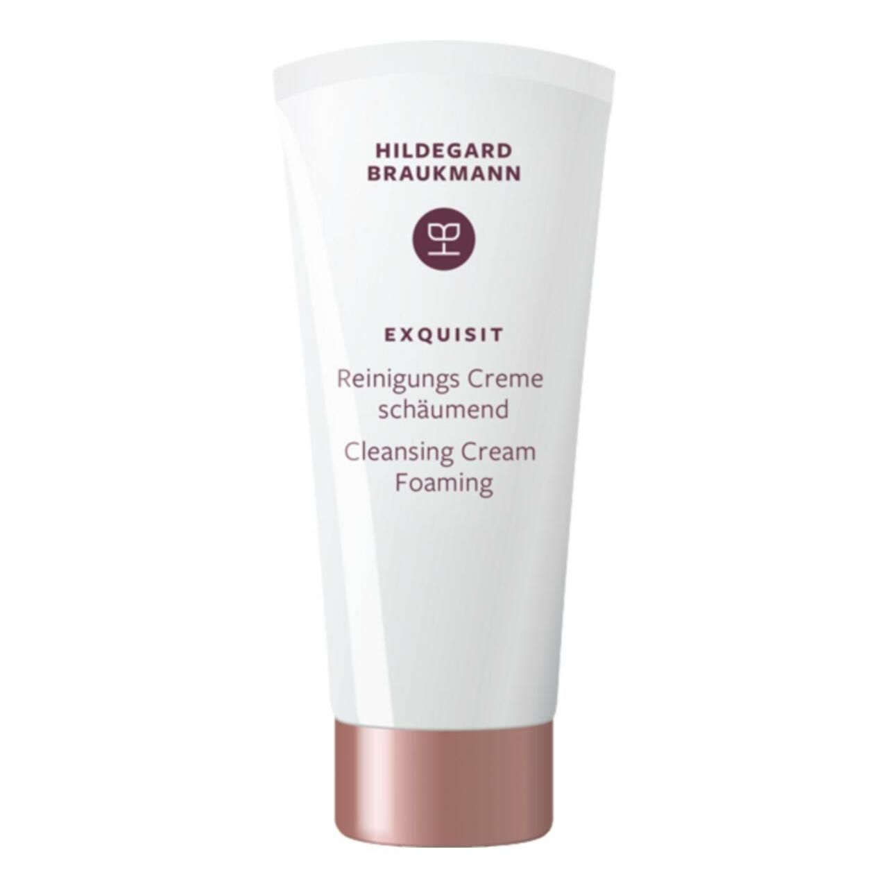 Weisse Tube mit rosafarbenem Verschluss. Text: Hildegard Braukmann, Exquisit Reinigungs Creme schäumend, Cleansing Cream Foaming.