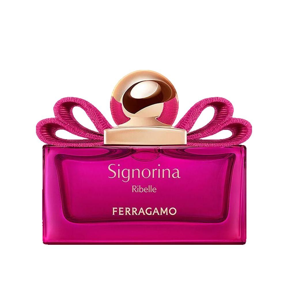 Rosa Flakon mit goldfarbenem Verschluss und rosa Schleife. Schriftzug Signorina Ribelle und Ferragamo.