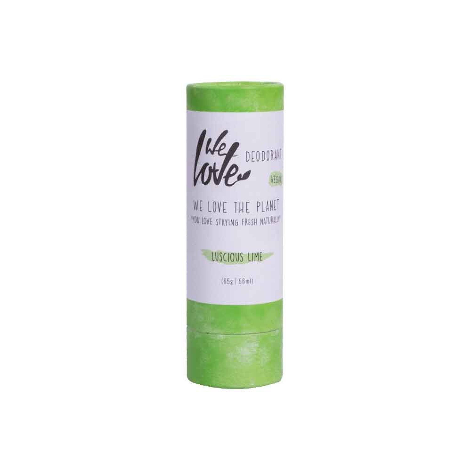 Zylindrischer Deo-Stick mit grünem Deckel und Boden. Aufschrift: "We Love The Planet Luscious Lime". Vegan.