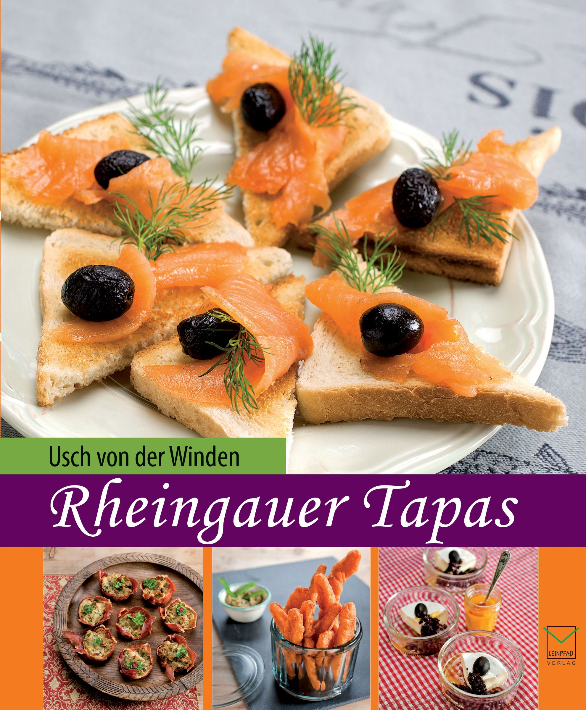 Tapas-Gericht auf Toast mit Lachs, Oliven und Dill. Auf einem Teller angerichtet. Titel: Rheingauer Tapas.