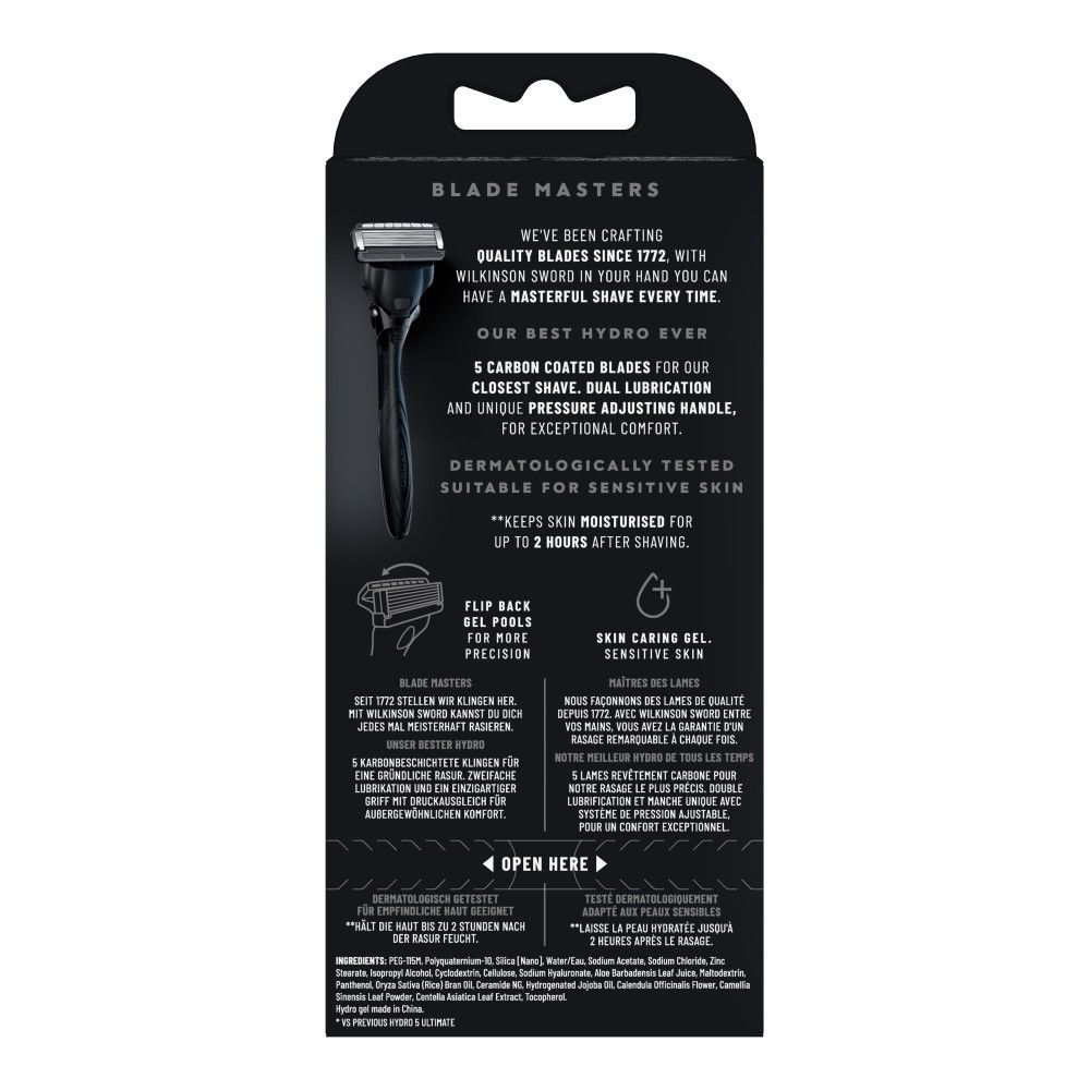 Rückseite einer Wilkinson Sword Intuition Complete Care Rasierverpackung mit Produktinformationen und Inhaltsstoffen.