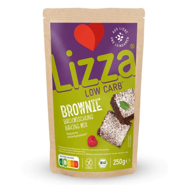 Verpackung mit Backmischung. Aufschrift: Lizza Low Carb Brownie. Abbildung von Brownie-Stücken. Bio-Siegel und Nährwertampel.