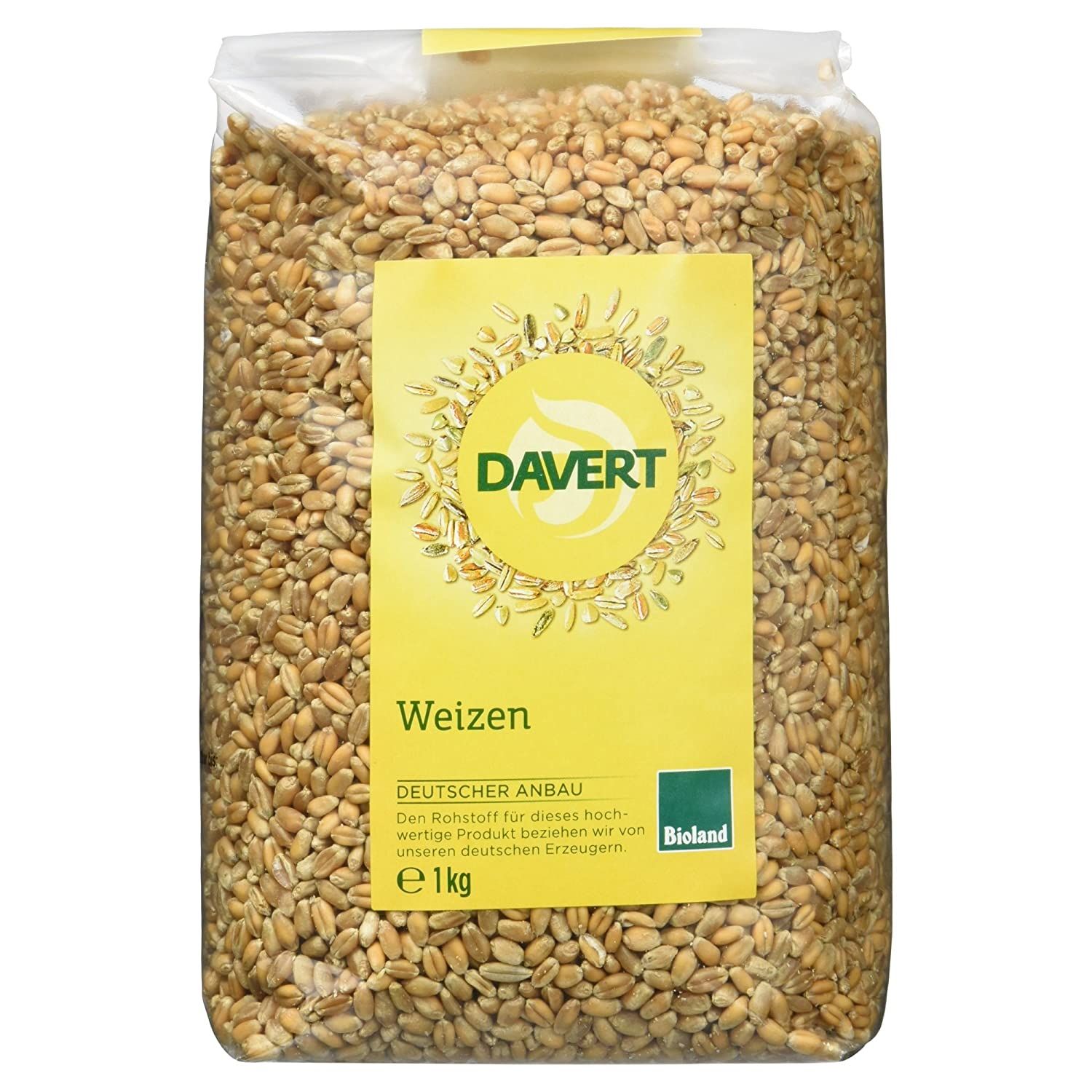 Eine 1kg Packung Davert Weizen mit gelbem Etikett, das 'Deutscher Anbau' und 'Bioland' zeigt.