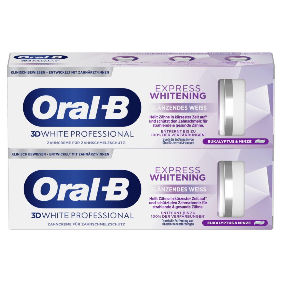 Oral-B 3D White Professional Express Whitening Zahnpasta Glänzendes Weiß, Eukalyptus & Minze, 2x75