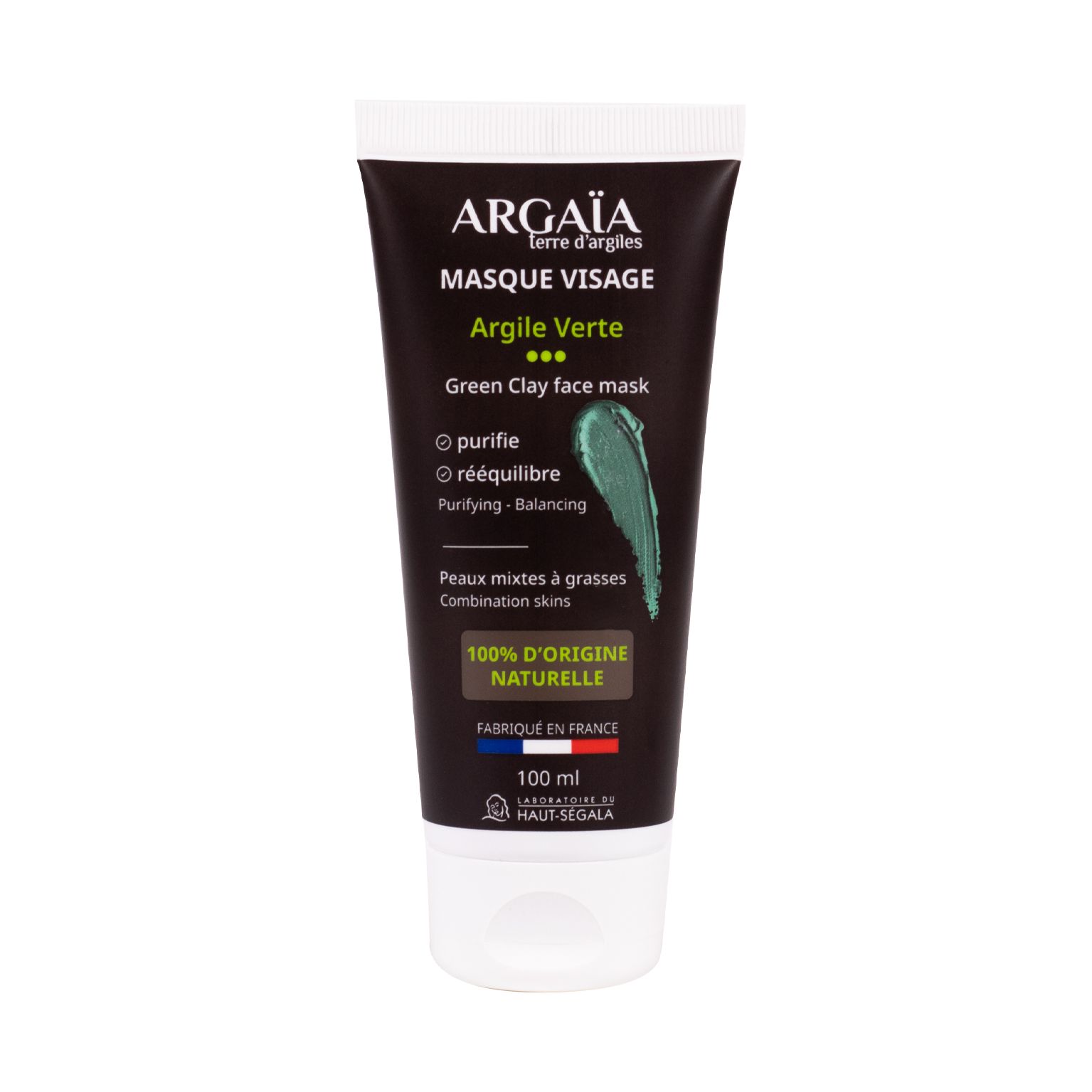 Tube Argaia Grüne Tonerdemaske. Schwarzes Etikett, weißer Deckel. Text: Argile Verte, 100% naturelle.