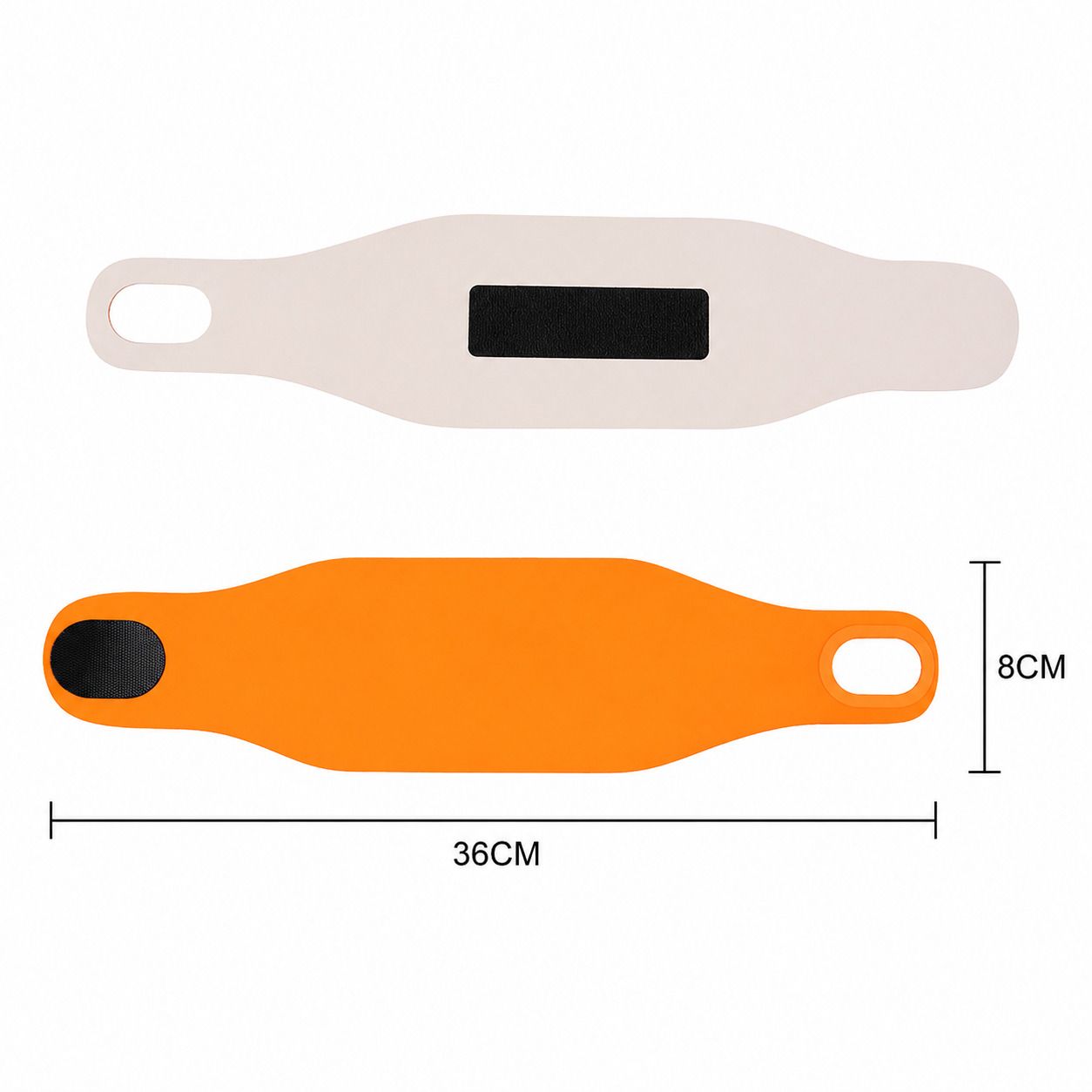 Zwei Handgelenkbandagen, eine weiß, eine orange. Maße: 36cm lang, 8cm breit.