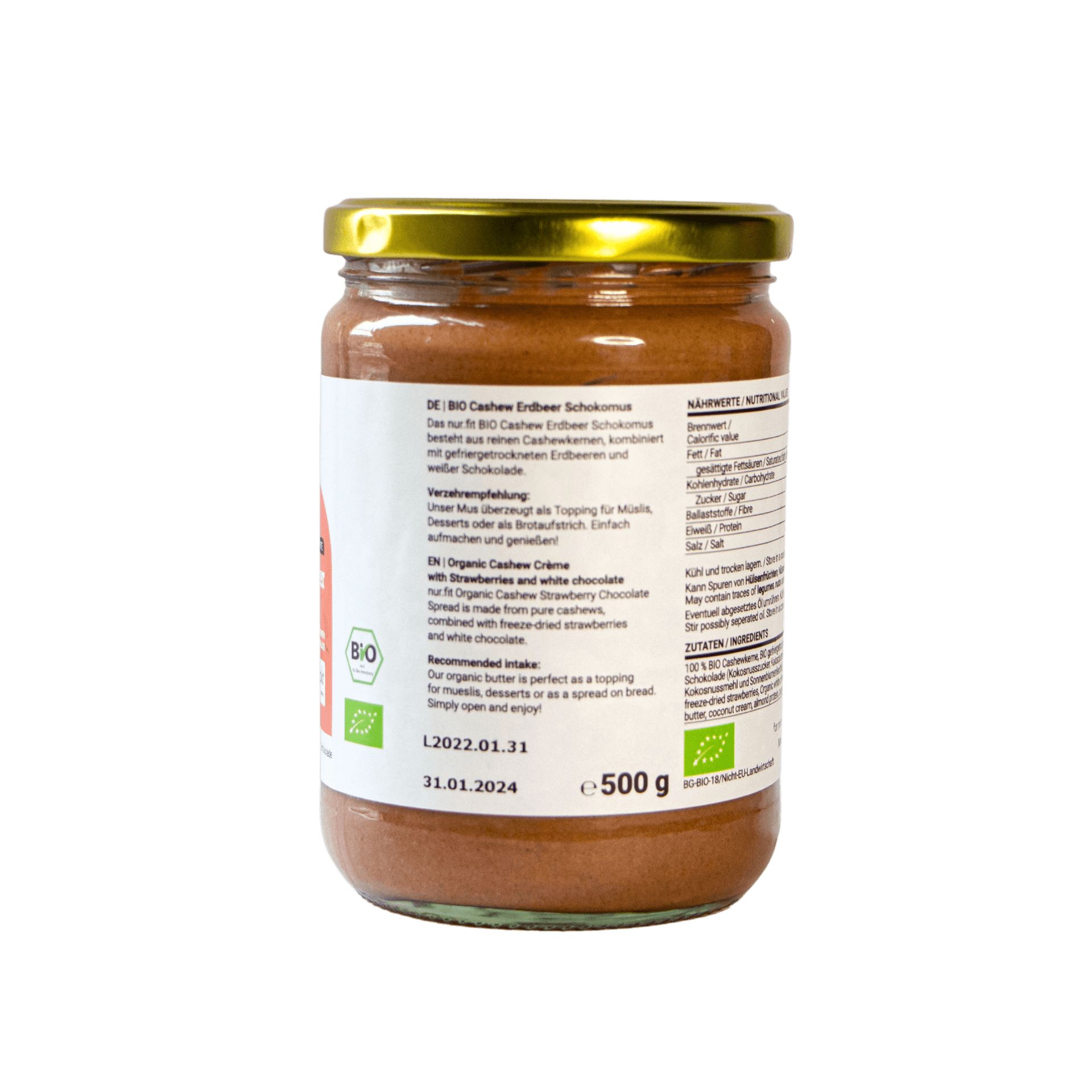 Rückseite des Glases mit Cashew Erdbeer Schokomus. Etikett mit Nährwertangaben, Zutaten und BIO-Siegel. 500g.