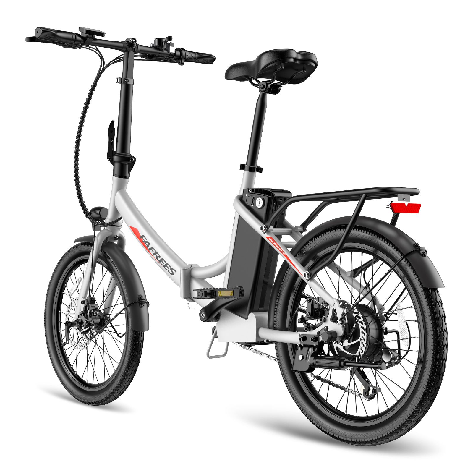 Silbernes Fafrees F20Light E-Bike mit schwarzem Sattel, Reifen und Gepäckträger. Rücklicht sichtbar.