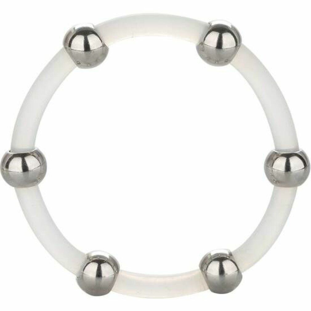 Ein weißer, flexibler Ring mit sechs silbernen Kugeln.