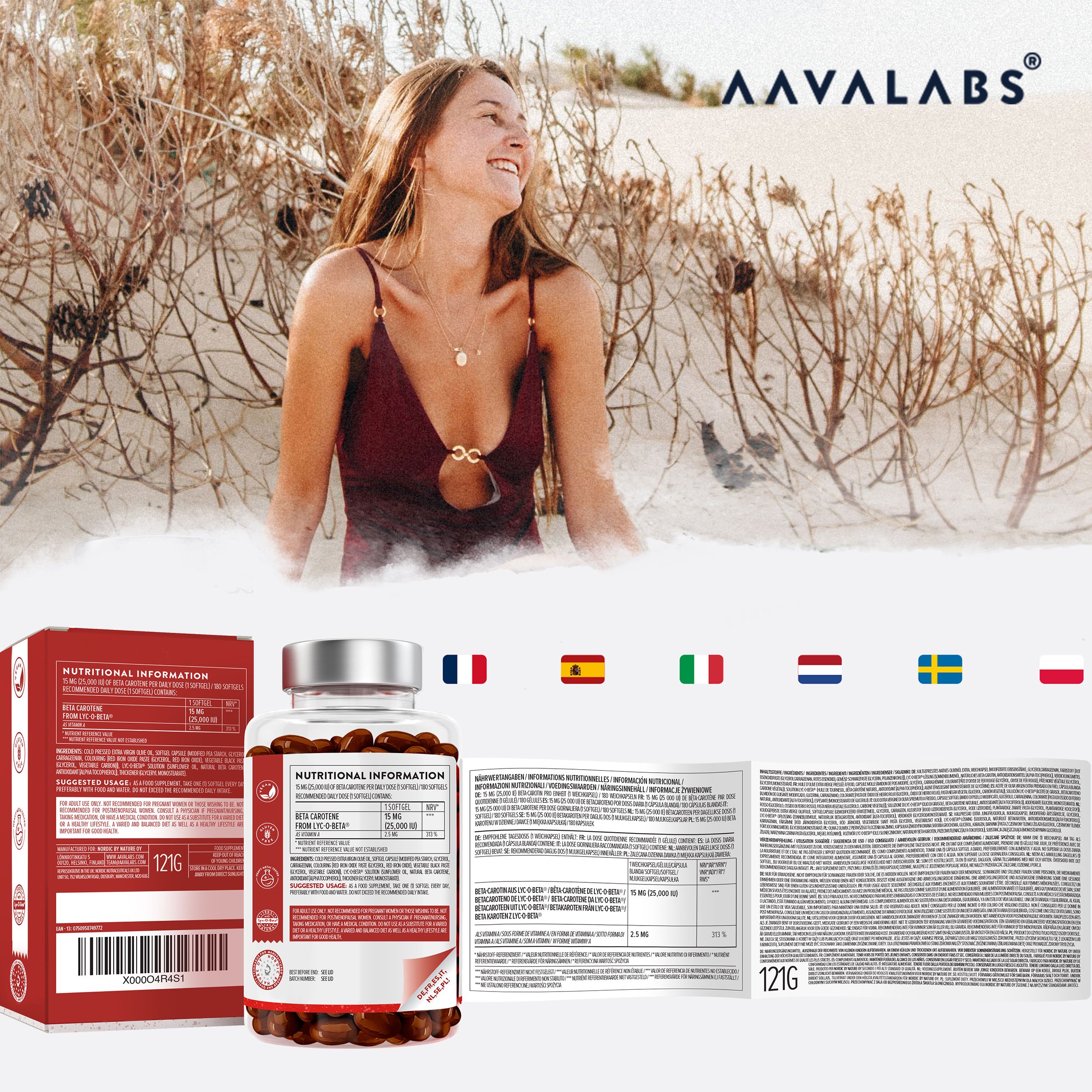 Frau am Strand mit Produktflasche, Verpackung und Beipackzettel. Flaggen von Frankreich, Spanien, Italien, Schweden und Polen.