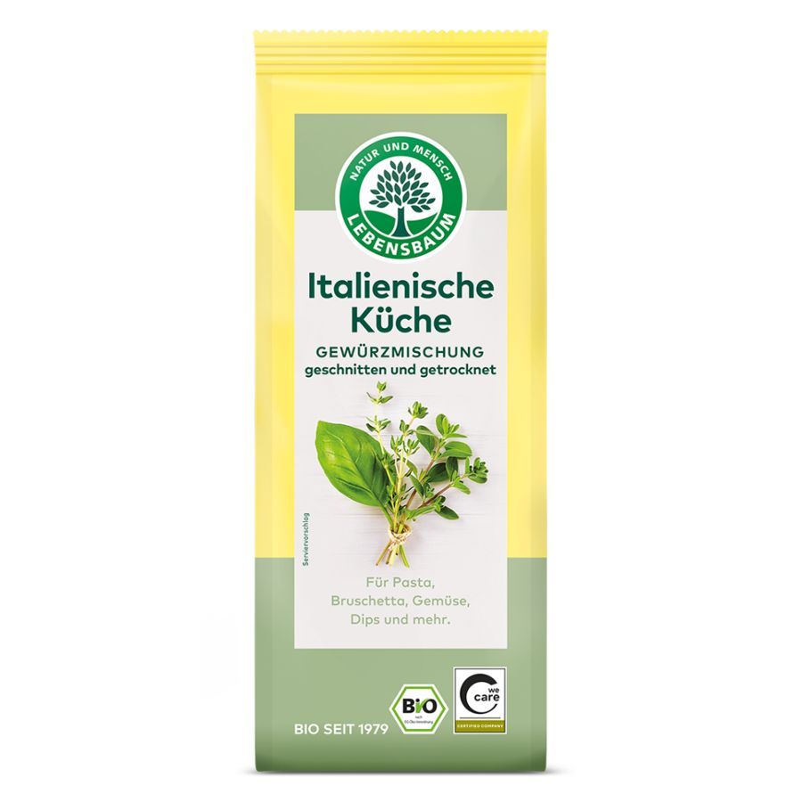 Verpackung mit "Italienische Küche" Gewürzmischung. Grün-gelbe Packung mit Kräutern. Bio-Siegel und "BIO SEIT 1979".