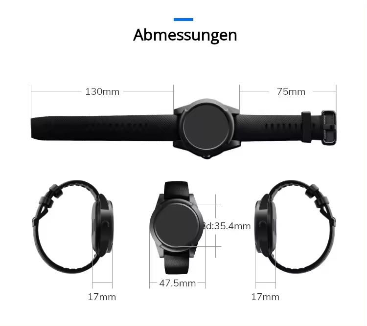 Abmessungen einer schwarzen Smartwatch: 47,5 mm Gehäusebreite, 17 mm Armbandbreite.